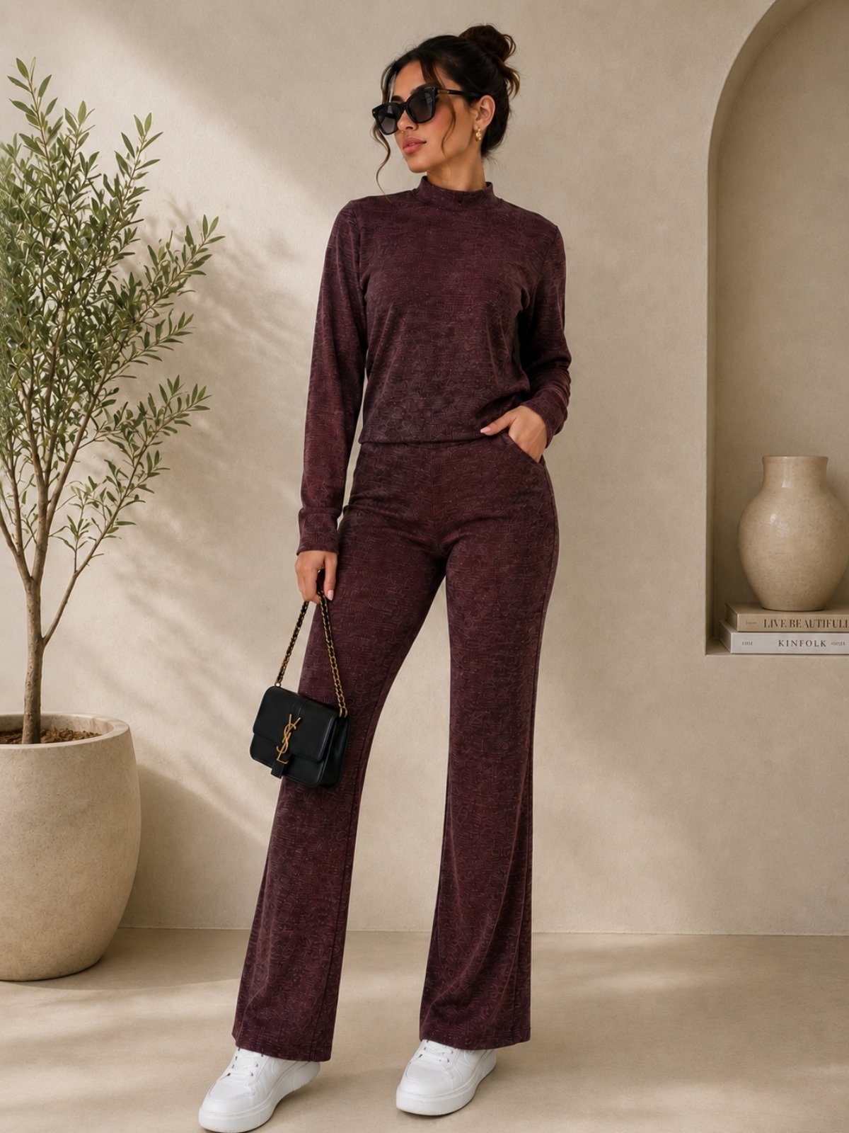 Conjunto Feminino Canelado Gola Alta Calça Flare Inverno Elegante