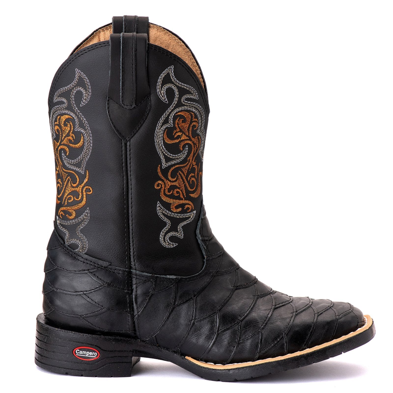 Bota Couro Texana Escamada Campero Bico Quadrado Bordada Preto