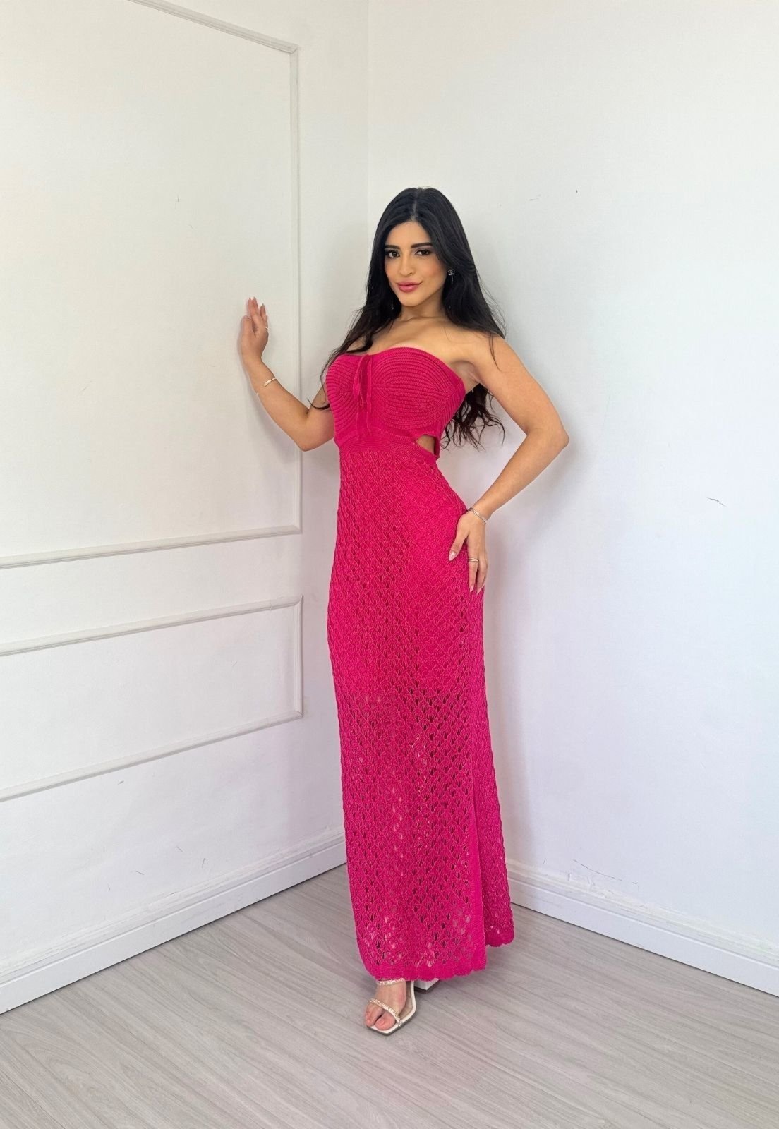 Vestido Longo Tricôt Tomara que caia Abertura Lateral Benessi Pink