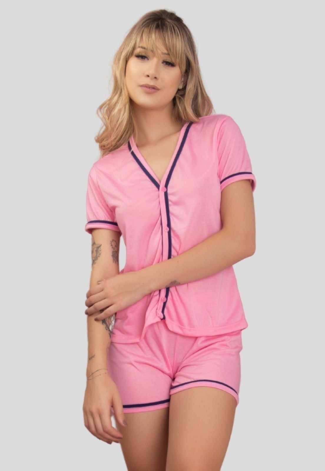Baby Doll Americano Pijama Feminino Blogueira Aberto Botões Short Curto Adulto Pink