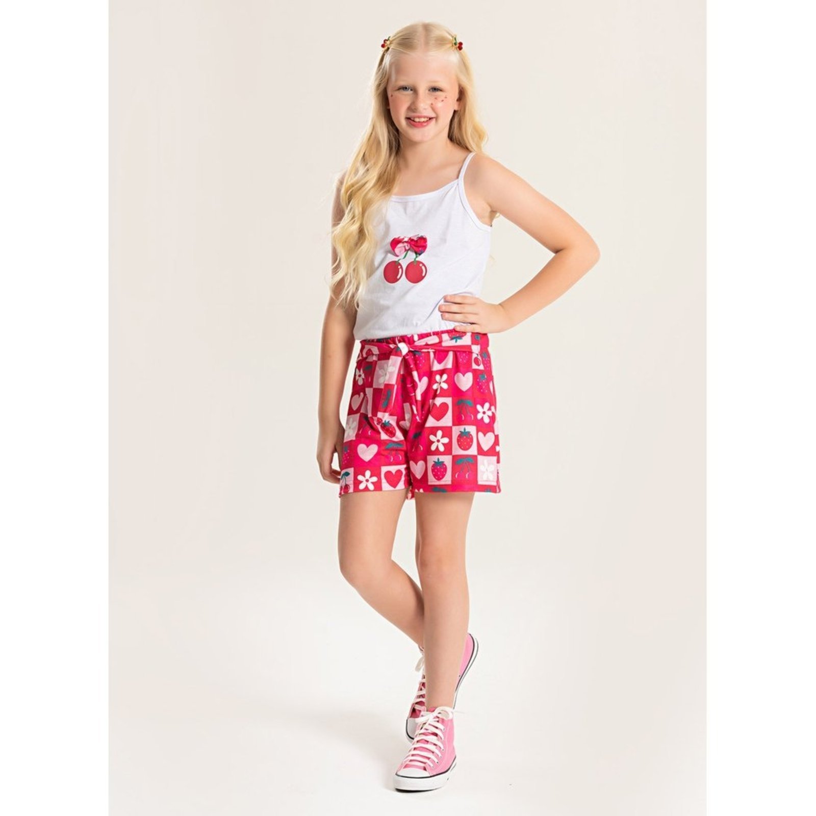 Infantil – Macaquinho Alcinha Verão Menina Branco Com Laço para Amarração Cerejas