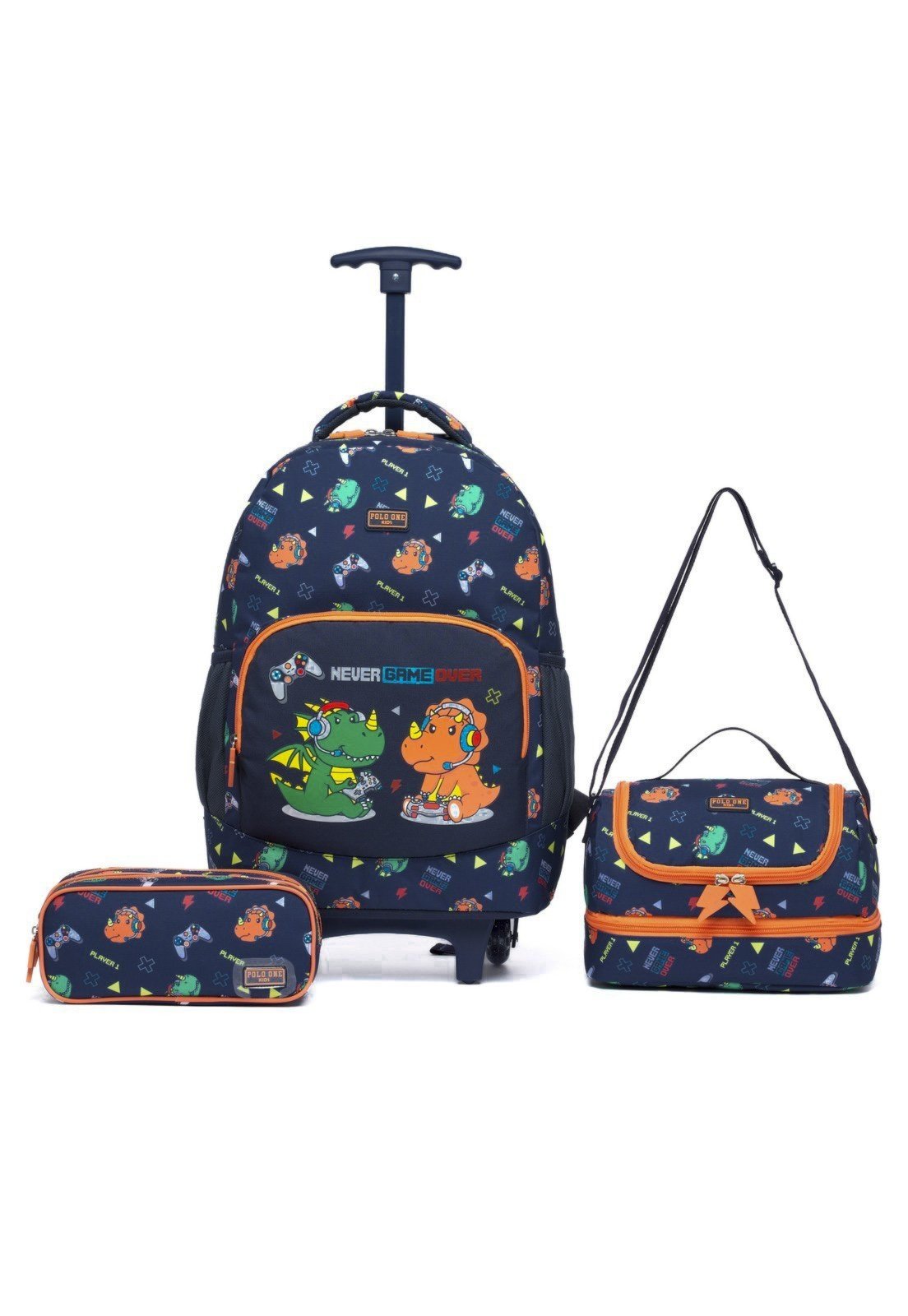 Infantil - Kit Mochila com Rodinhas Escolar Lancheira Térmica Estojo Polo One