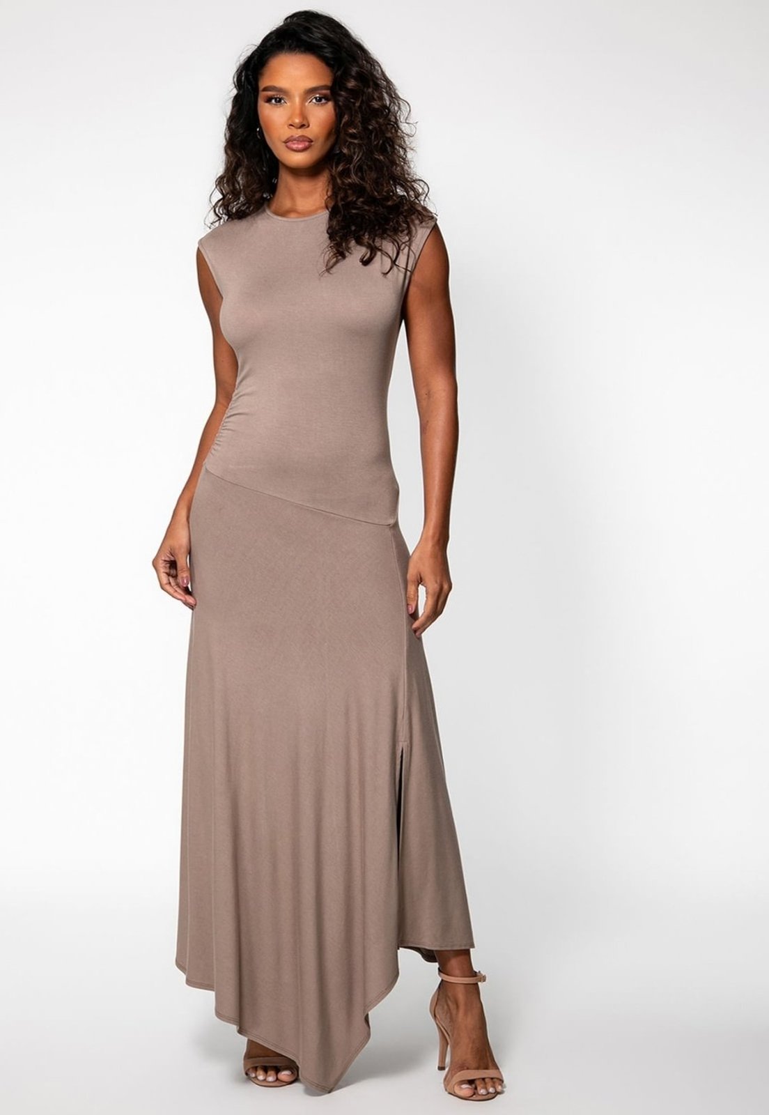 Vestido Guess Longo Viscose Recortes Bege