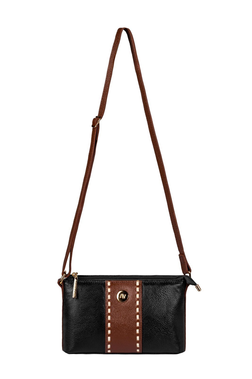 Bolsa pequena transversal de couro liso Ágata - Preto/Whisky