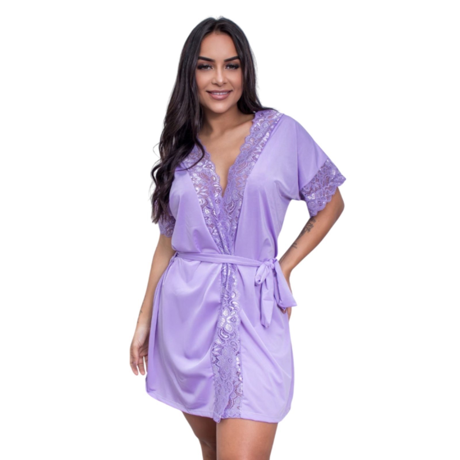 Robe de Luxo Microfibra Com Renda Hobby Roupão Roupa de Dormir com Cinto Lingerie Sexy para Noite Especial – LILÁS
