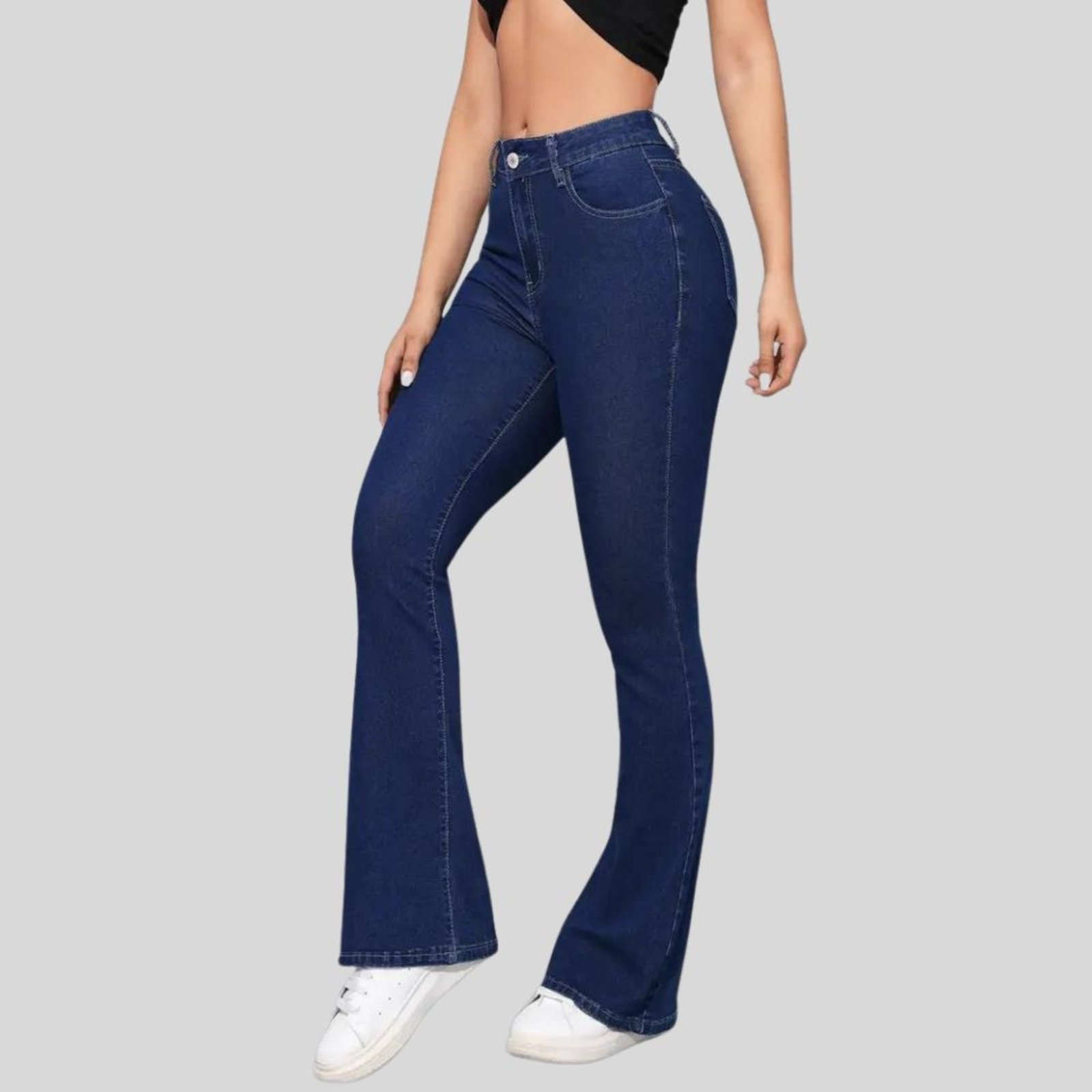 Calça Flare Jeans Feminina Tex Jeans Boca de Sino Cintura Alta Modeladora com Elastano Azul Escuro