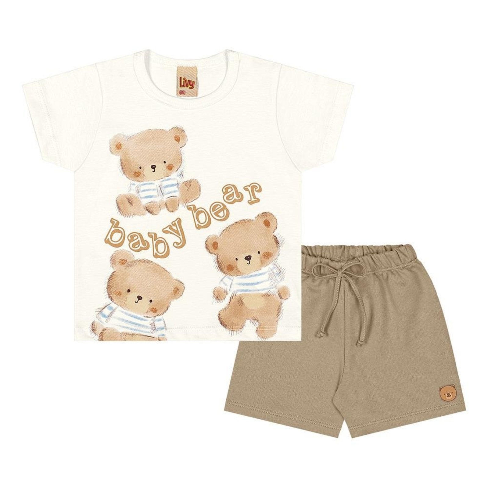 Infantil - Conjunto Camiseta Bermuda Baby Bear Livy Branco Bege G Amarelo