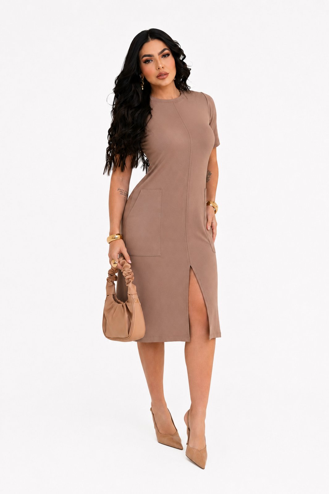 Vestido Midi D Bell Outlet Fashion Moletinho Comfy Capuccino