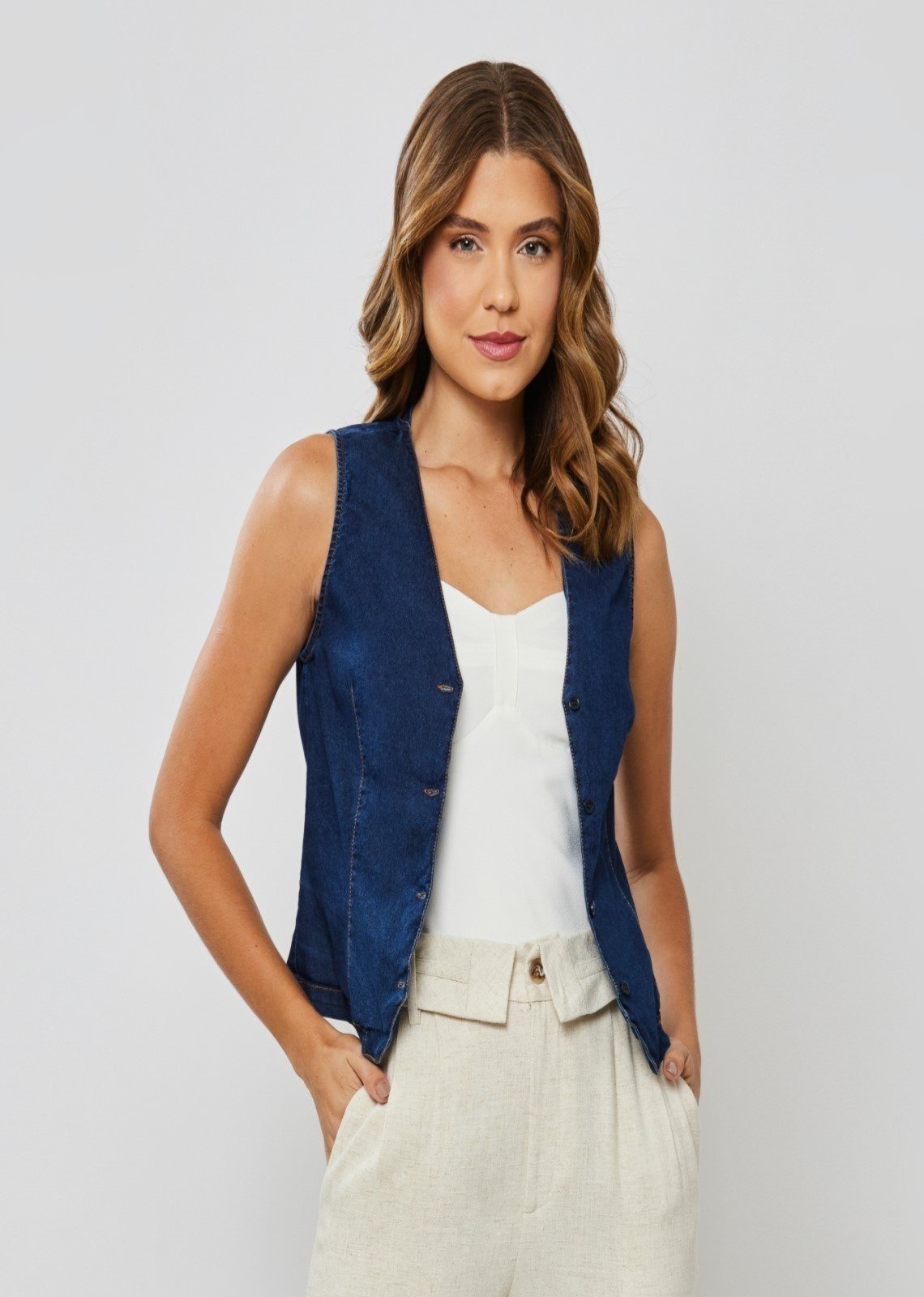 Colete Blusa Jeans Leve Com Elastano Miss Joy 8054 Feminino Azul Jeans