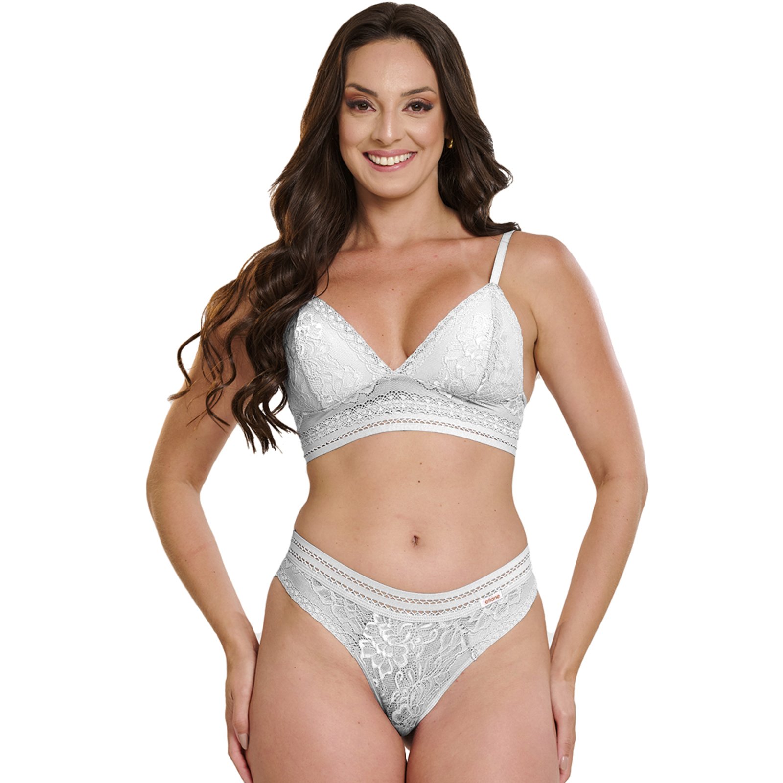 Conjunto Rendado Gabi Lingerie Poliamida Elástico Sutiã Sem Bojo Calcinha Renda Branco