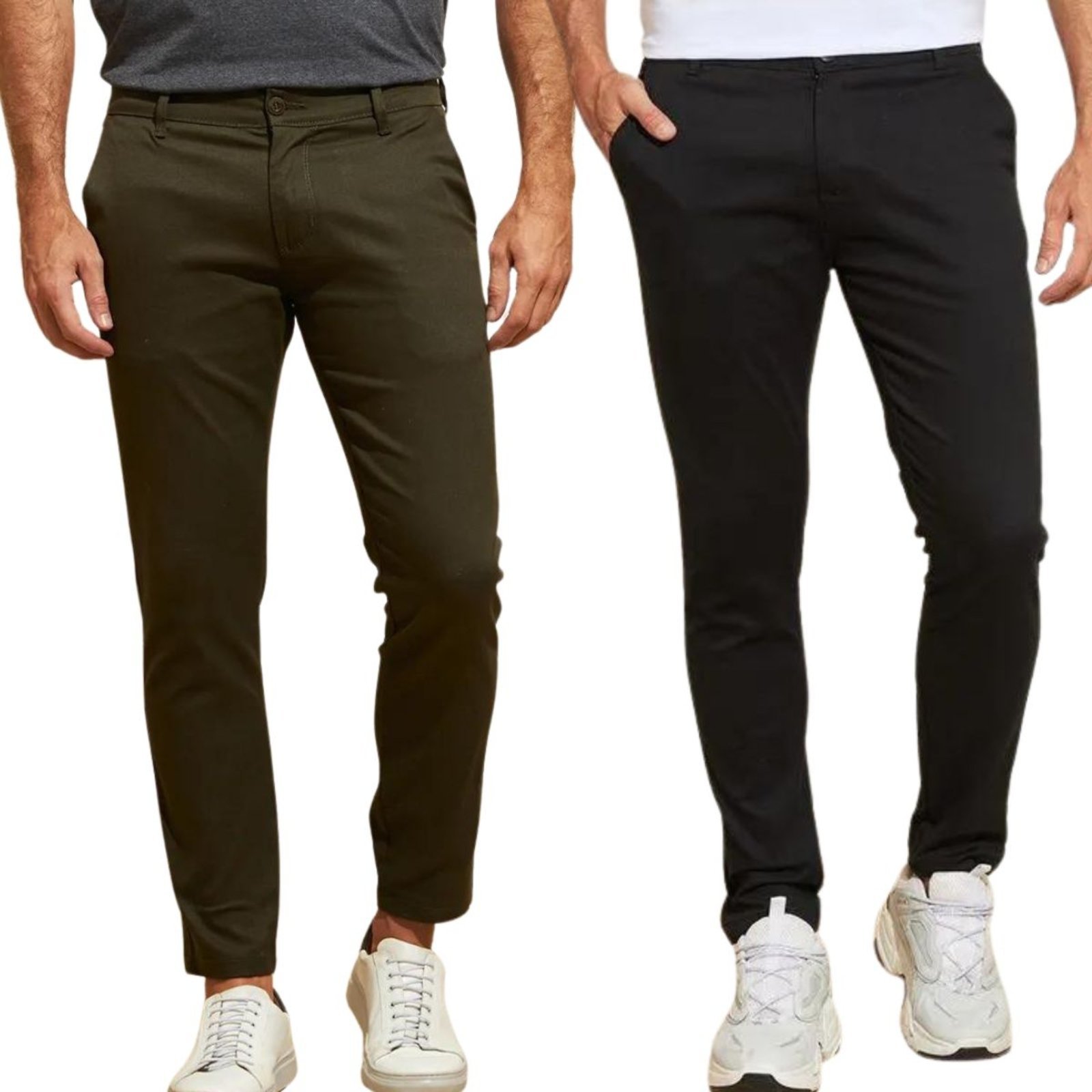 Kit 2 Calças Vih Triny de Sarja Chino Com Bolso Traseiro Embutido Alfaiataria Skinny Verde Militar e Preto