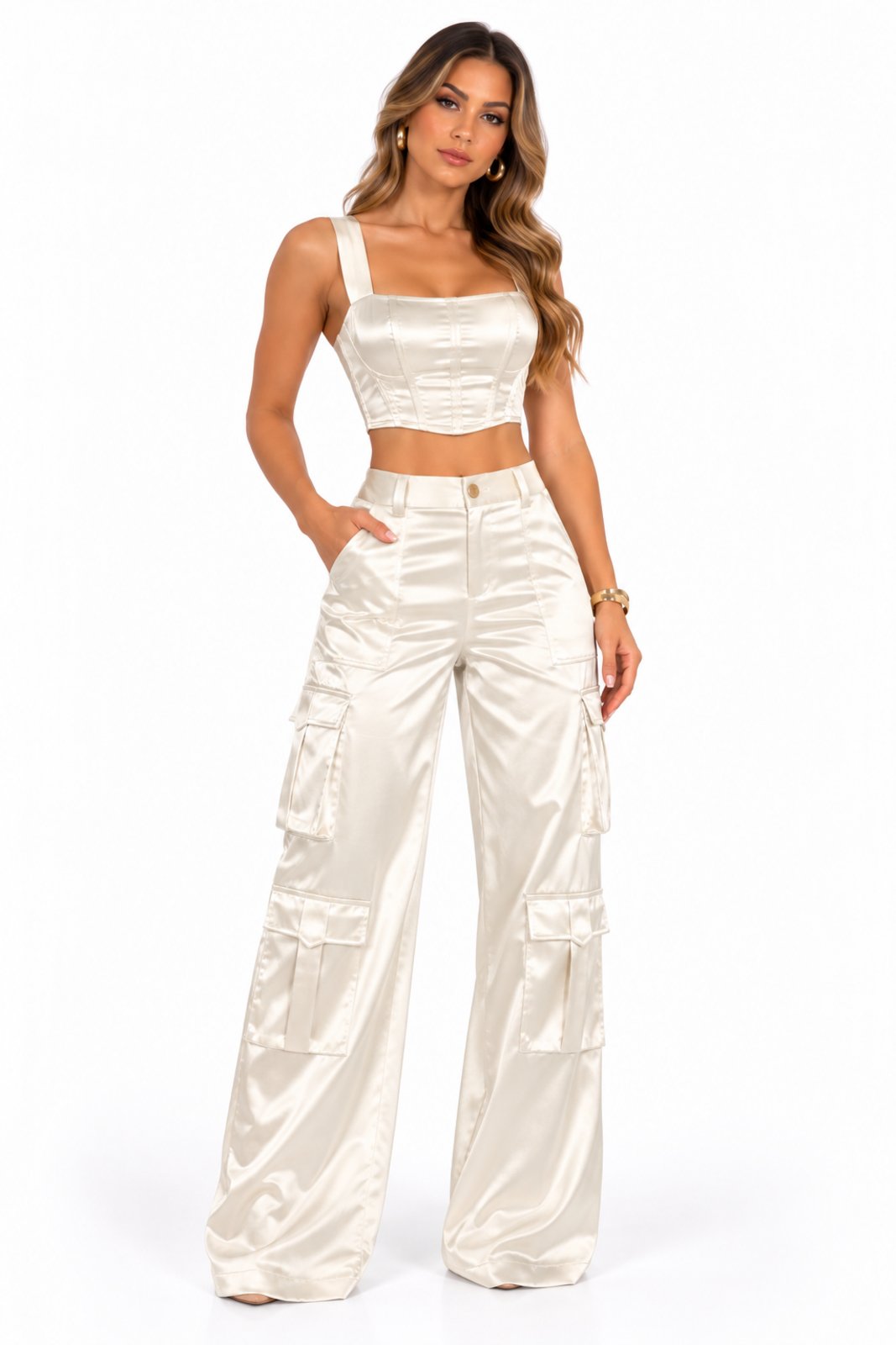 Conjunto Acetinado D Bell Outlet Fashion Wide Leg Off-white