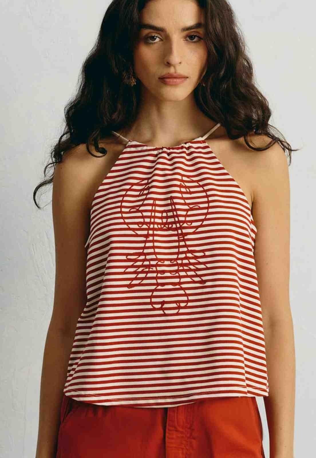 Blusa Listrada Bordado Lagosta Vermelho