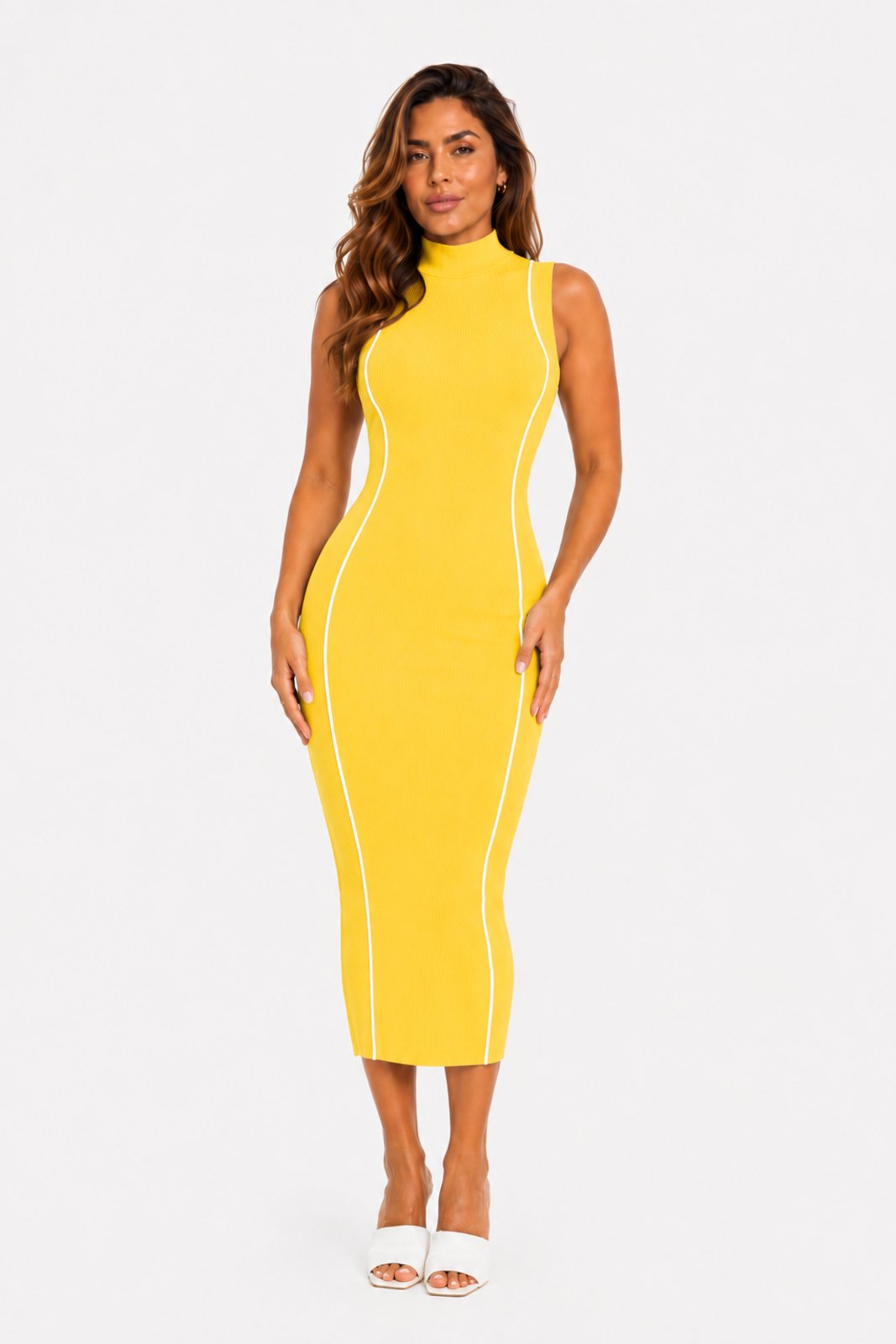 Vestido Midi Feminino D Bell Outlet Fashion Listras Amarelo