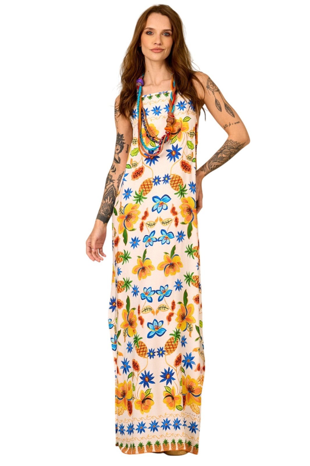 Vestido Longo De Alças Bege Estampa De Abacaxi Yacamim C12 – Estampado