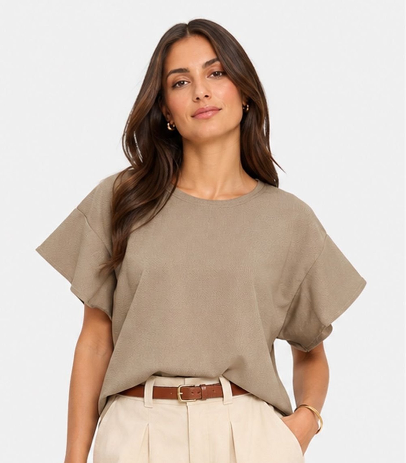 Blusa Feminina Com Manga Franzida Infinita Cor Bege