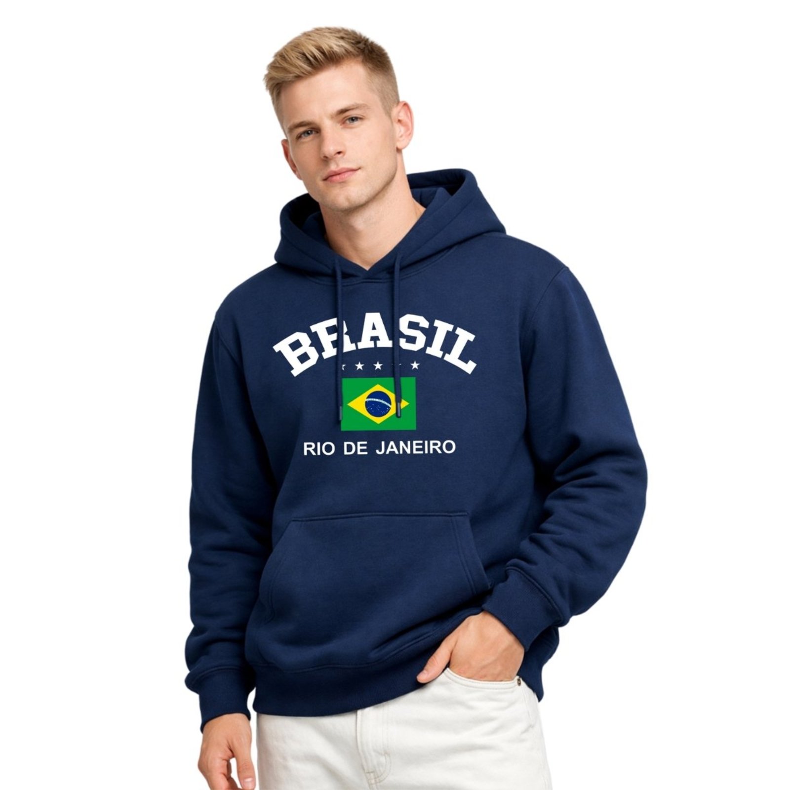 Blusa de Frio Moletom Casaco Estampado Bolso Canguru Com Capuz RIO