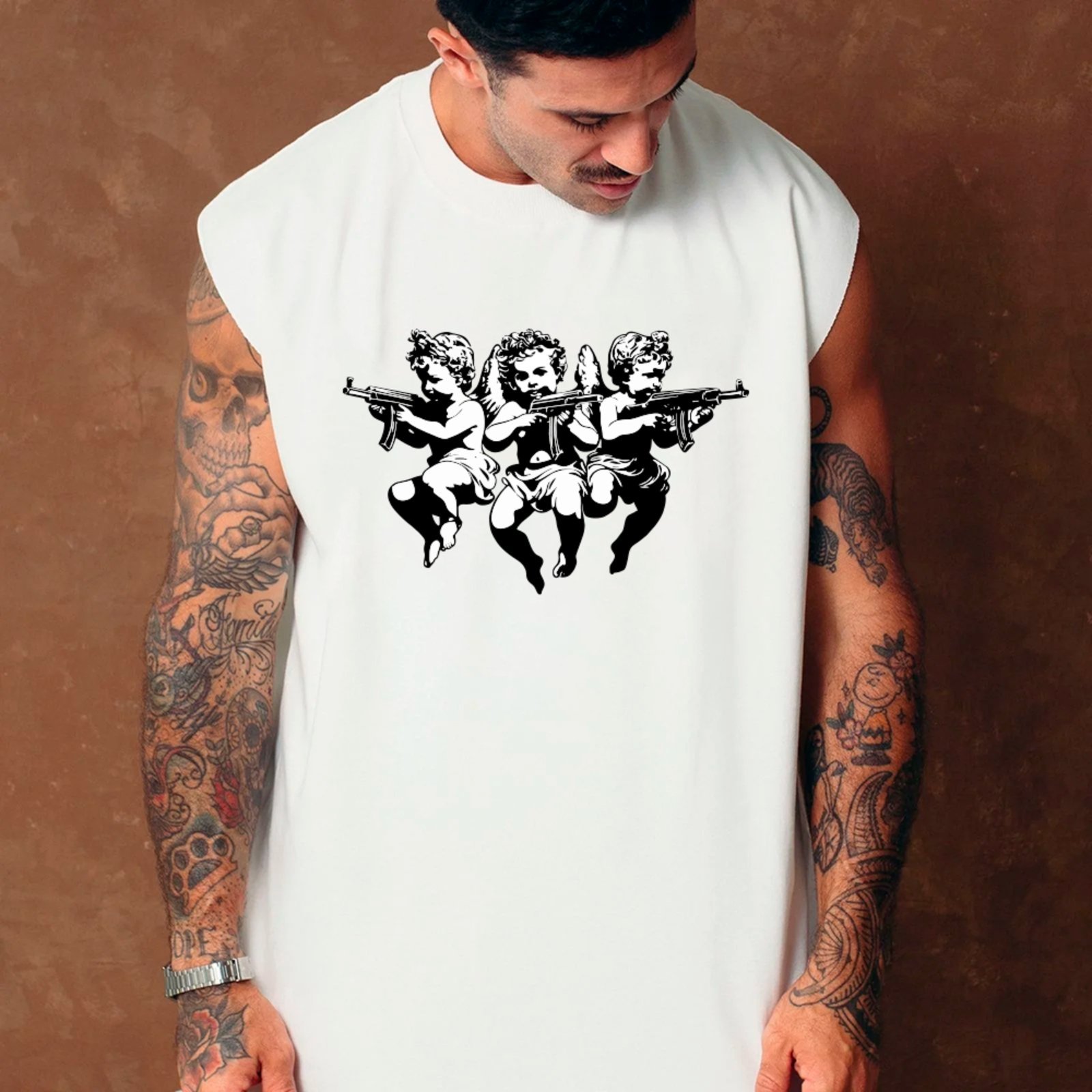 Camiseta Regata Machão Ousy Anjos Rebeldes Oversized Masculina Branco