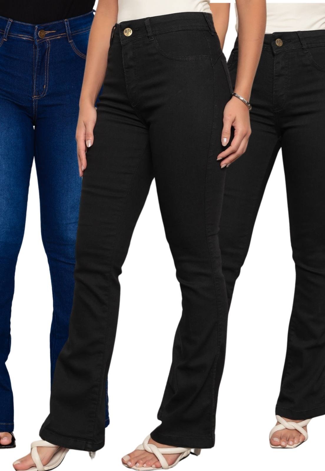KIT 3 Calça Flare Feminina Ethereal Jeans Cintura Alta Azul Escuro Preto