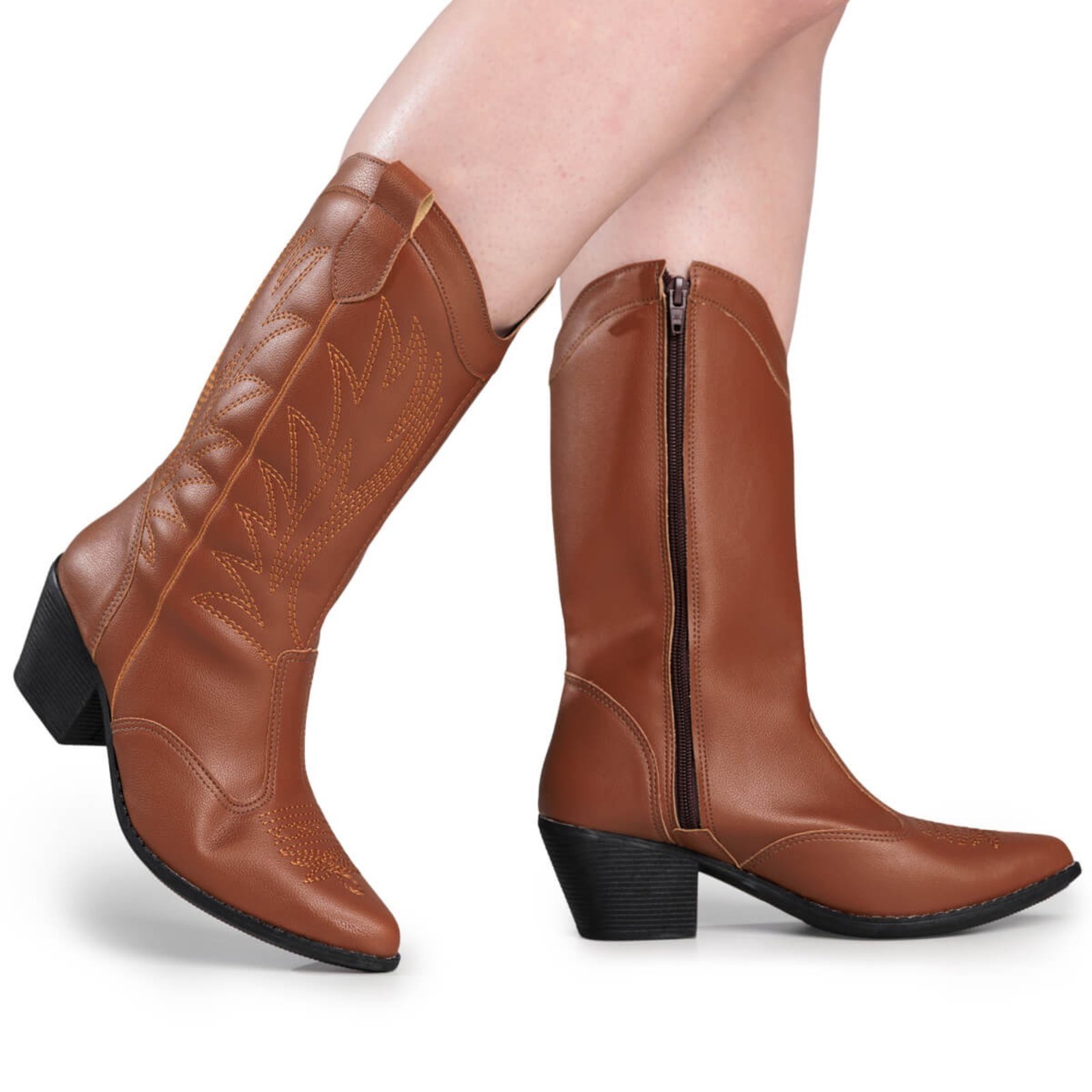Bota Texana Feminina Western Country Rodeio Boiadeira Bico Fino Confortável Via Angel 9002 Caramelo