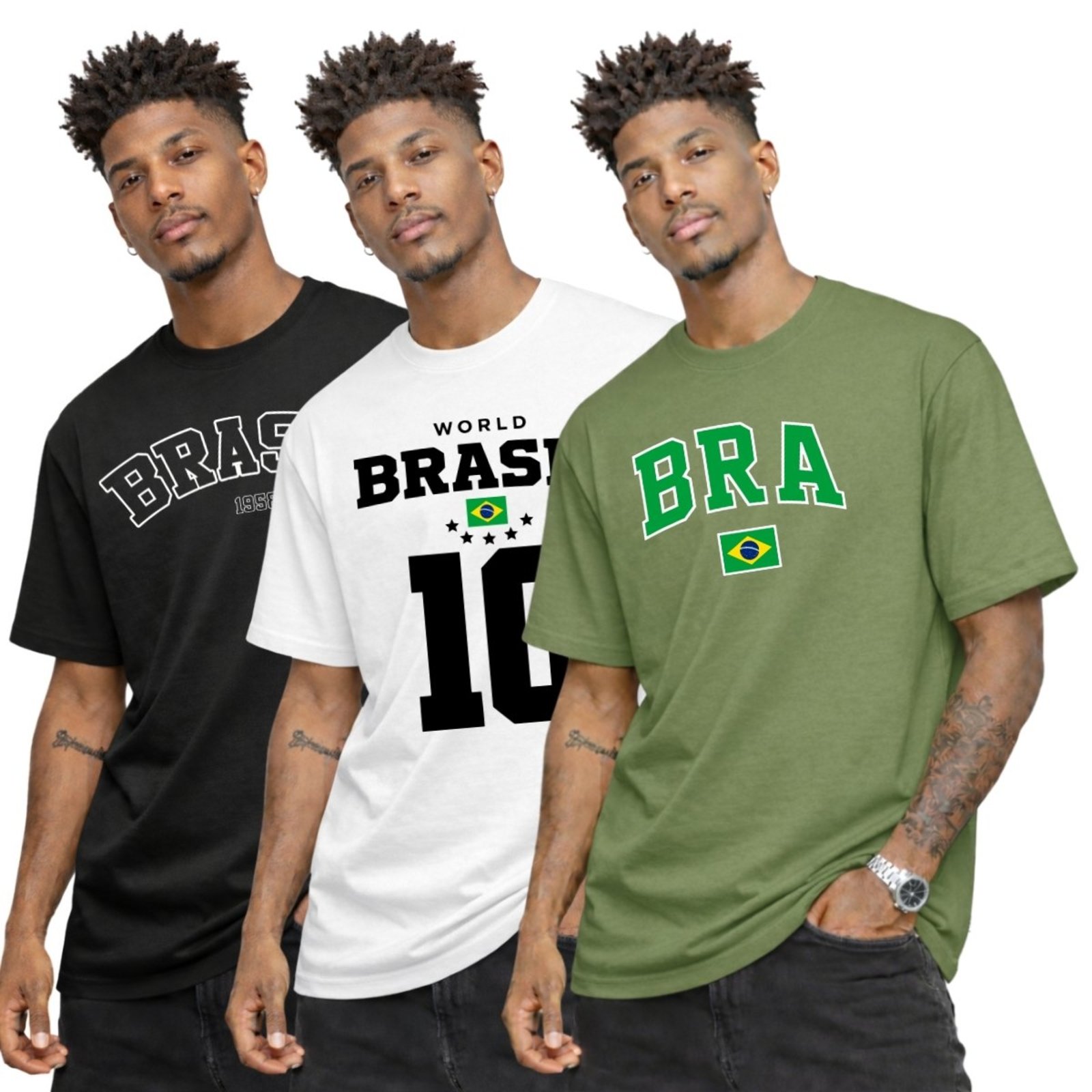 Kit 3 Camisa Masculina Camiseta Gola Redonda Algodão Brasil Copa