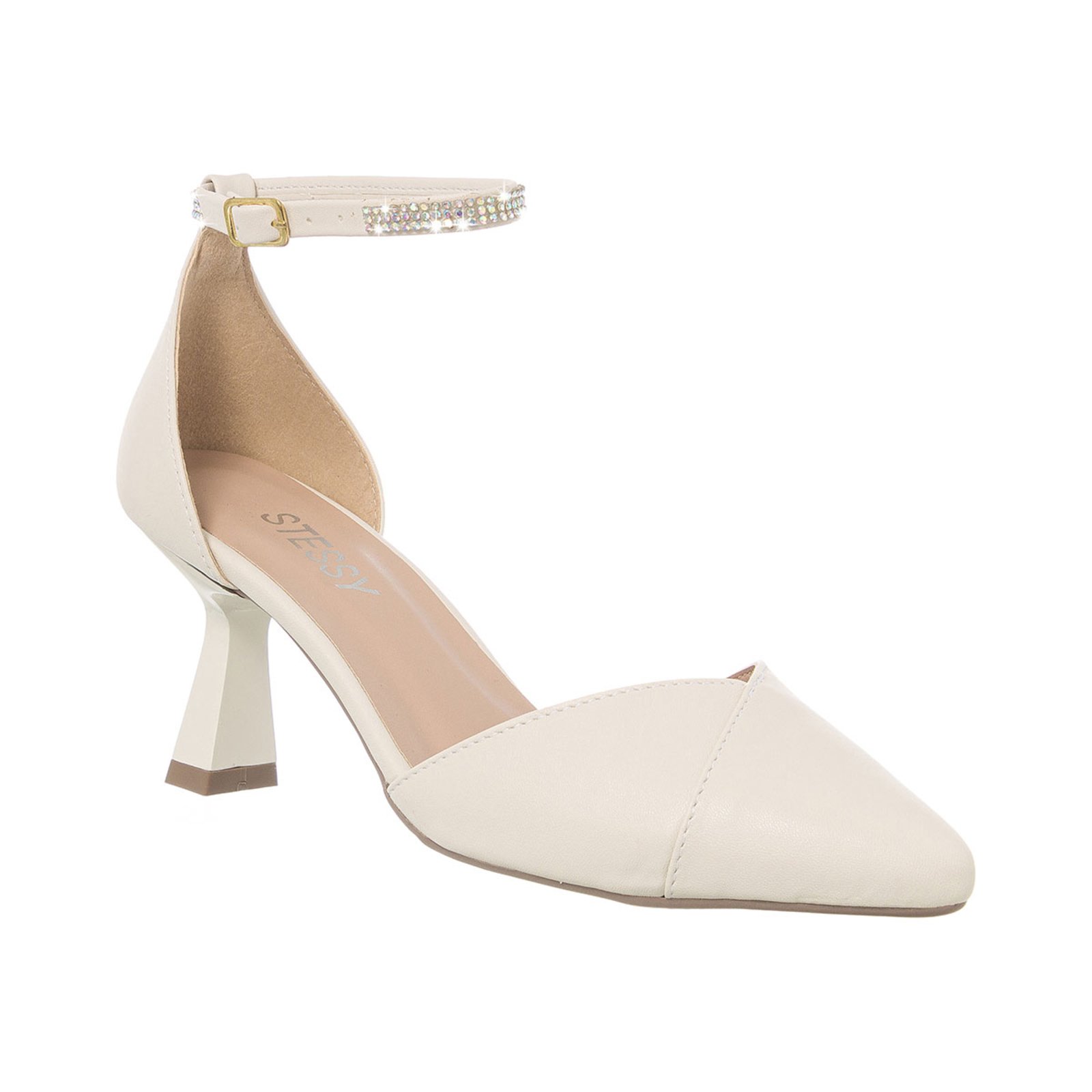 Scarpin Salome Sapato Bico Fino Salto Taça Strass Elegante Off-white
