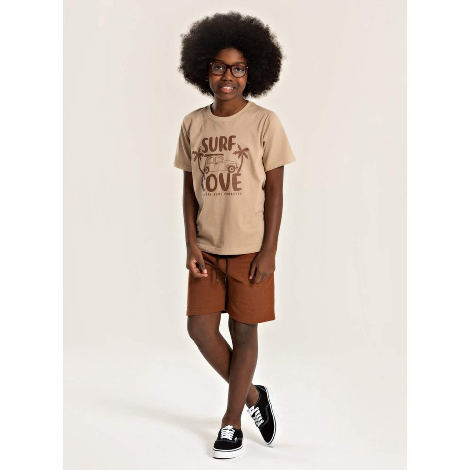 Infantil – Conjunto Verão Menino Marrom Camiseta e Bermuda com Bolso Surf