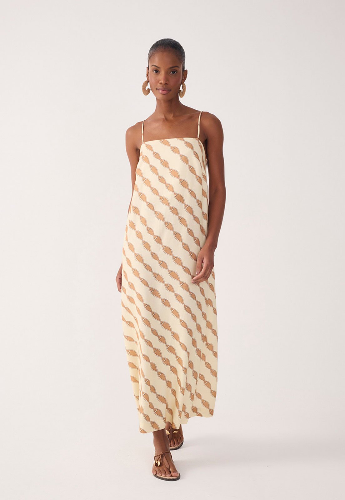 Vestido Feminino Dress To Cropped Linho Estampa Cardume Bege