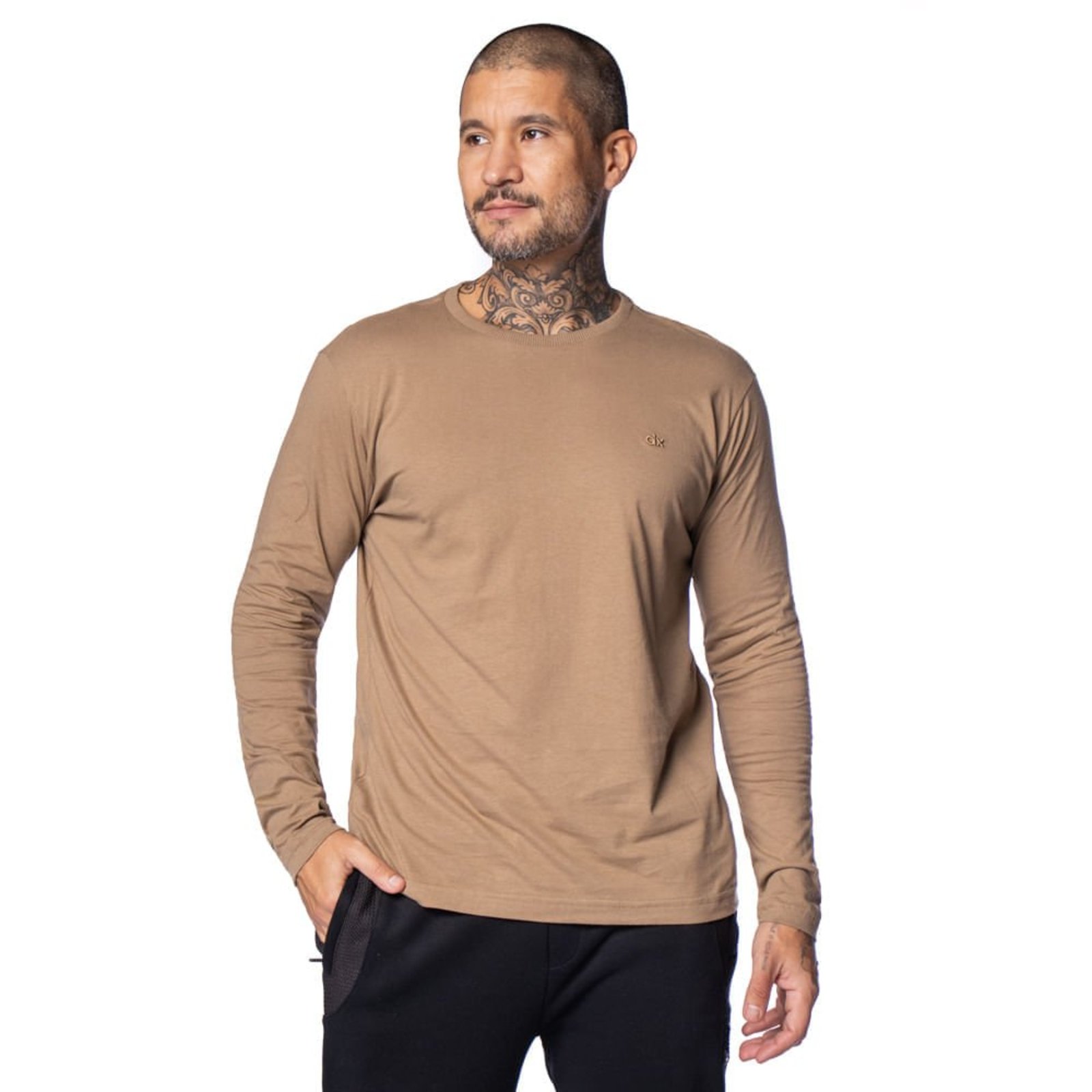 Camiseta Masculina Dixie Manga Longa Básica Caqui