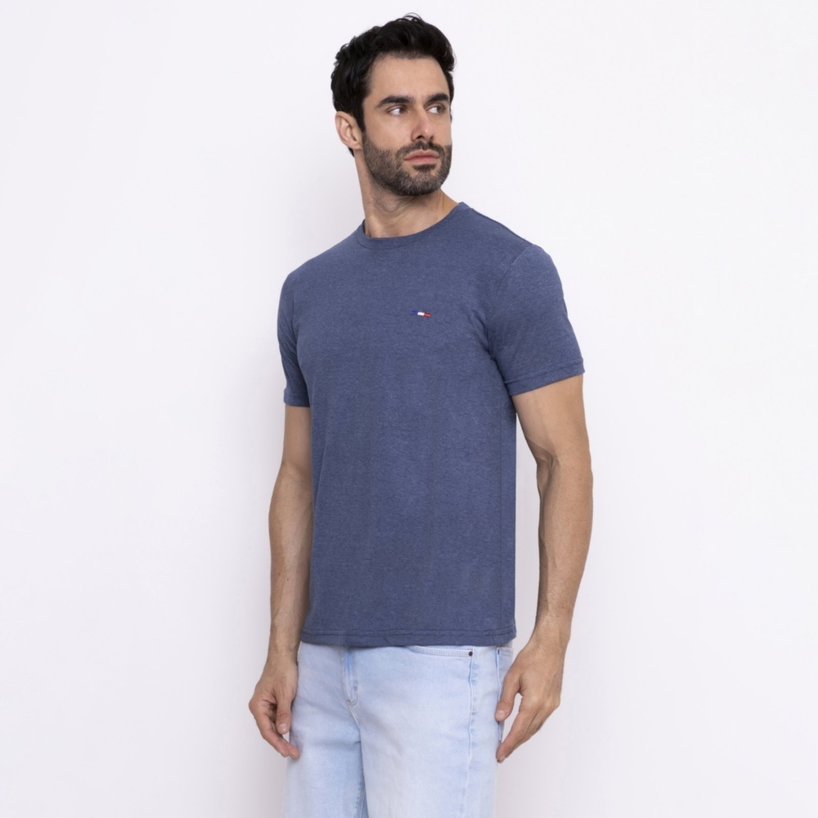 Vista 3 Camisetas FMF Básicas Masculina Industrie em Algodão Premium no Estilo Tommy Bordado França Mescla azul FMF azul