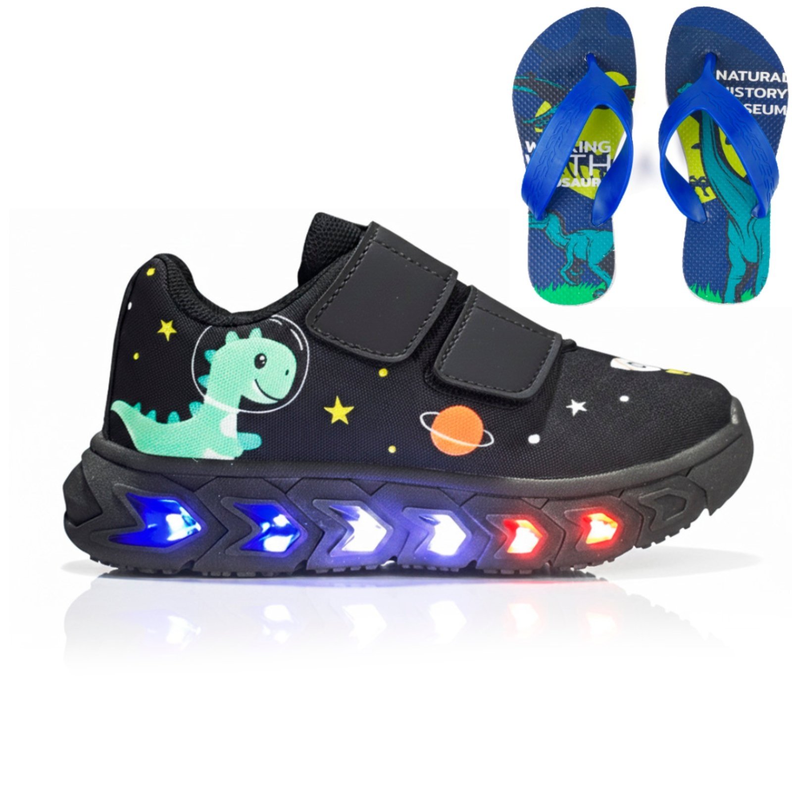Infantil - Kit Calçados para Meninos com Tênis Dino de Led Confortável Casual + Chinelo de Dedo Macio Leve