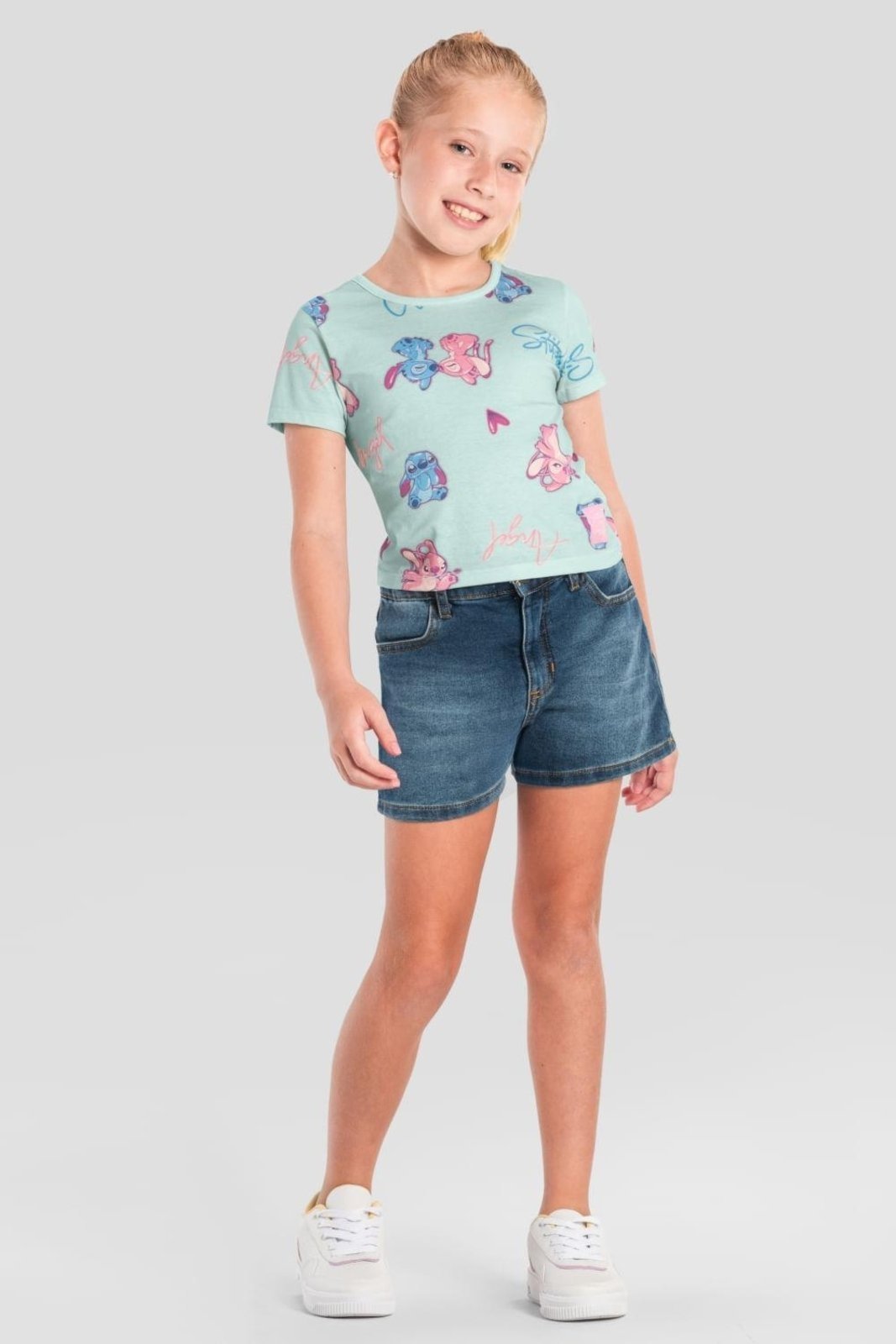 Vista 2 Infantil - Blusa menina do Stitch cropped Brandili verde Brandili verde