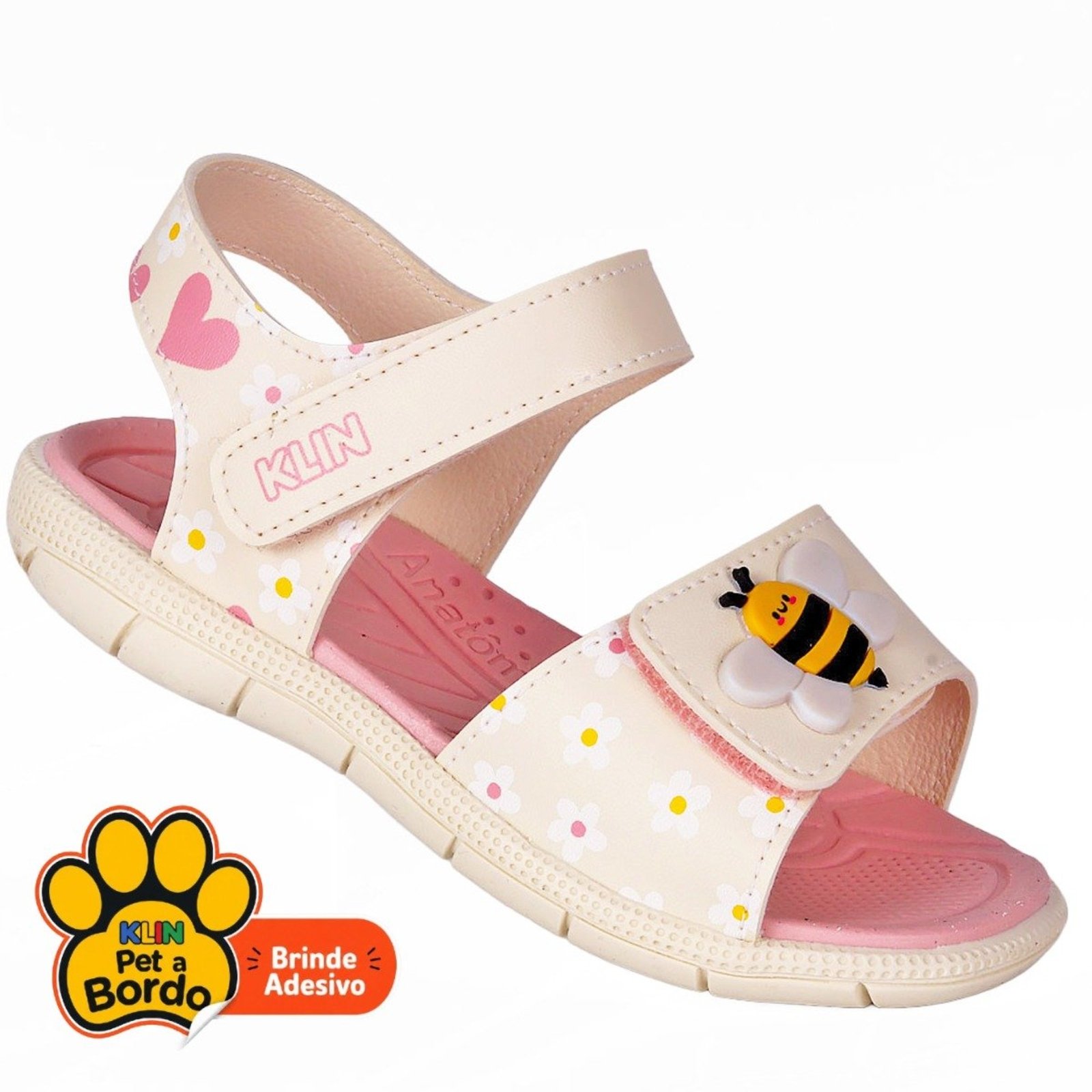 Infantil - Sandália Papete Klin Tic Tac Menina Abelha Flores Off-White Rosa