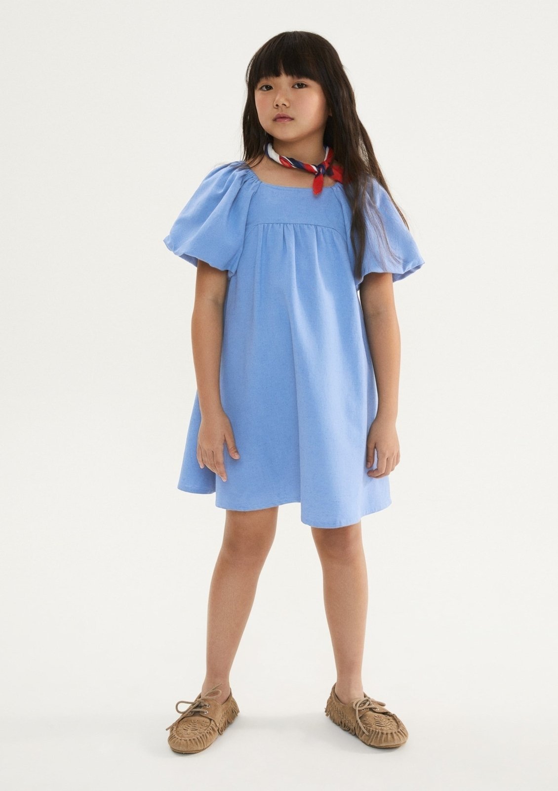 Vista 2 Infantil - Vestido Curto Evasê Com Linho Hering Hering Kids azul Hering Kids azul