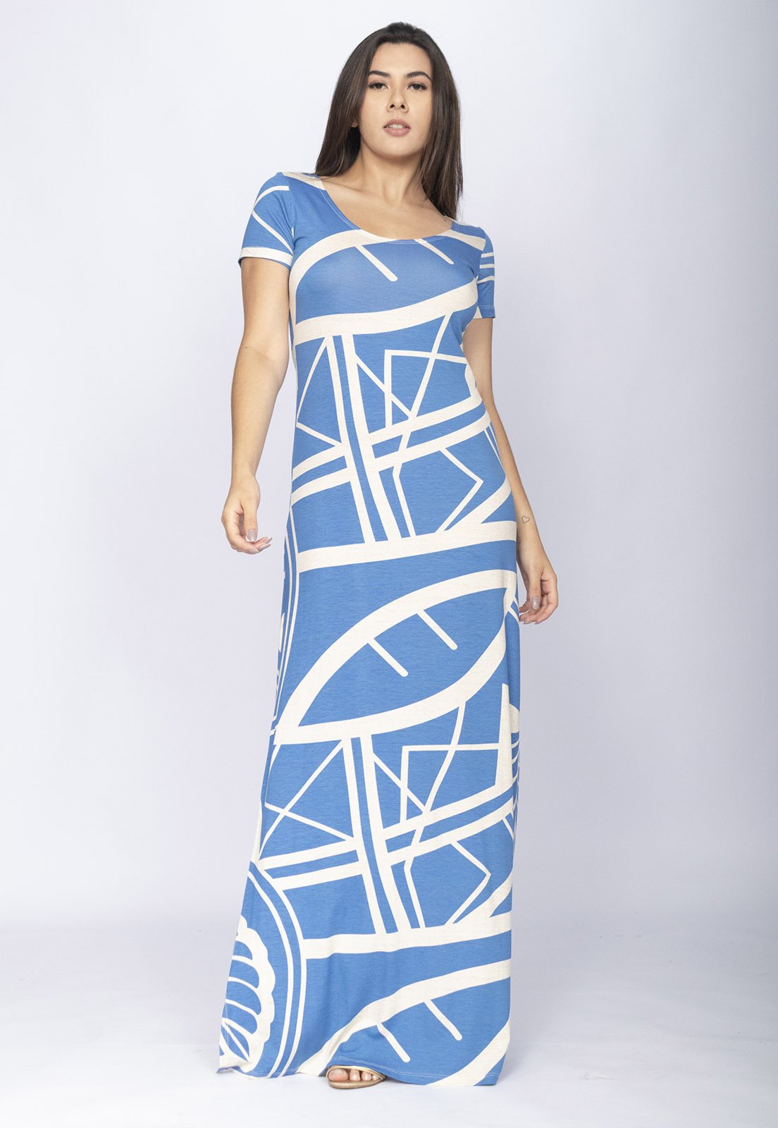 Vestido CabanaFree Longo Malha Gola Canoa Manga Curta Estampa Lagoa Botânica