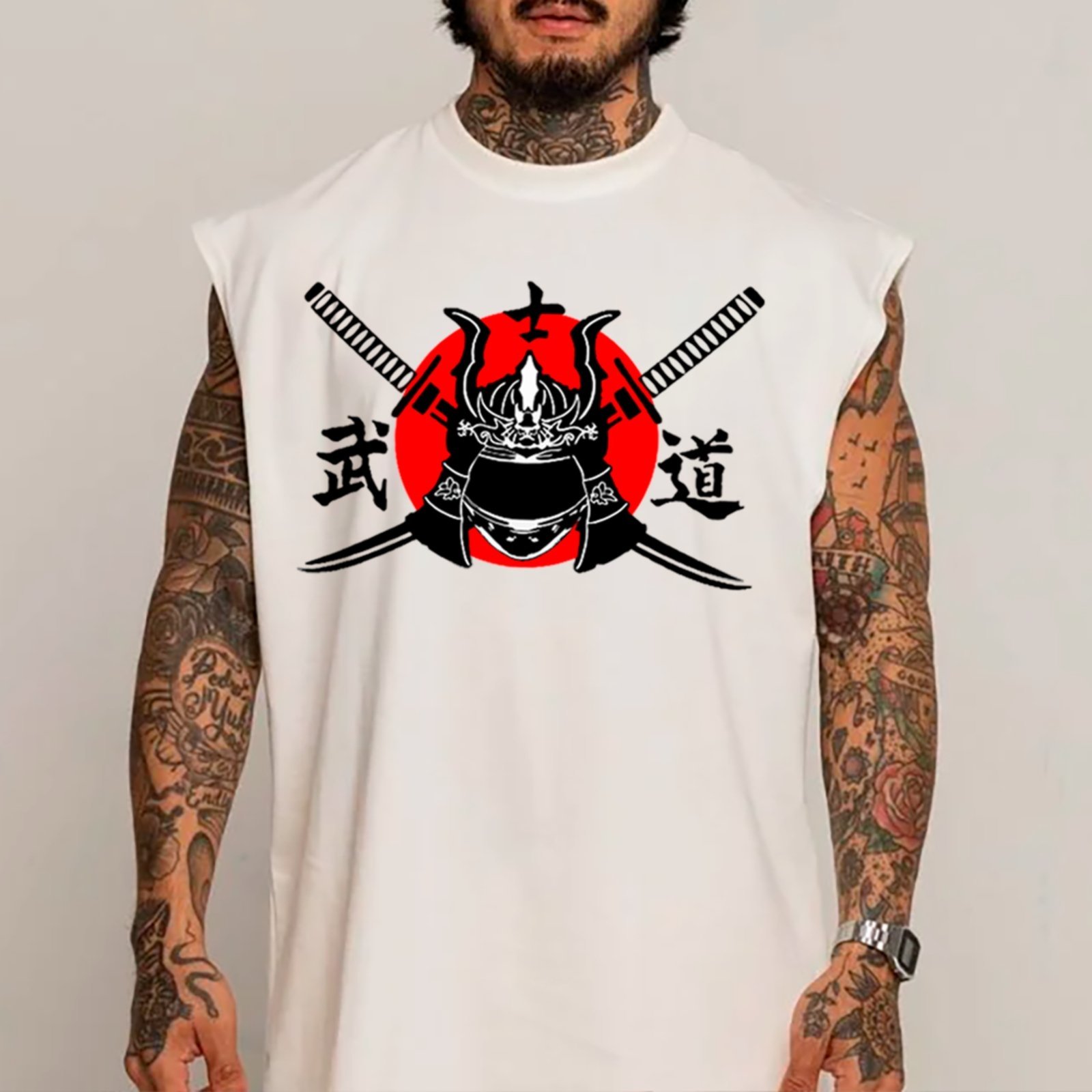 Camiseta Regata Machão Ousy Samurai Guerreiro Kabuto Katanas Oversized Masculina Branco