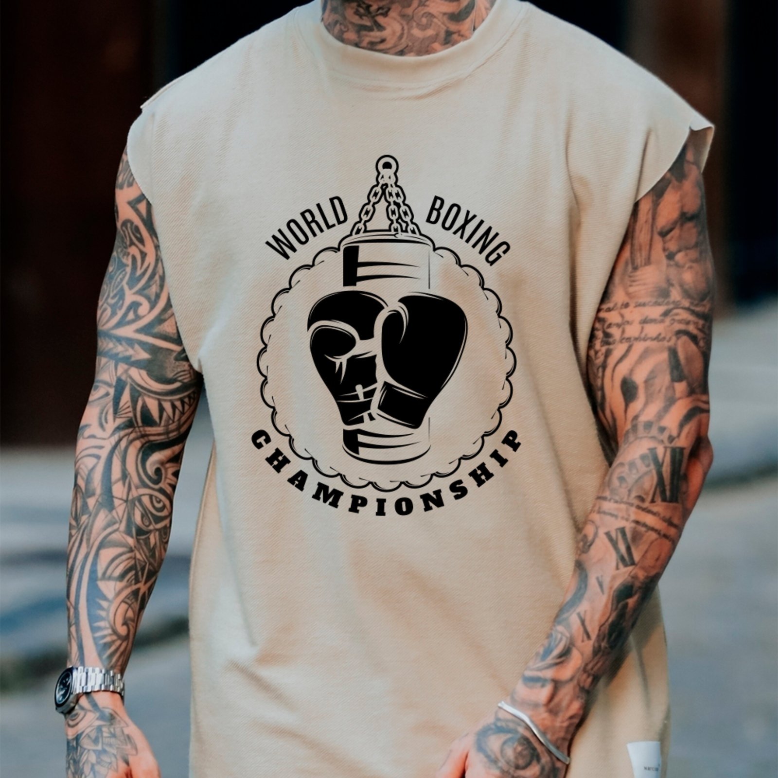 Camiseta Regata Machão Ousy Boxing Championship Oversized Masculina Off White