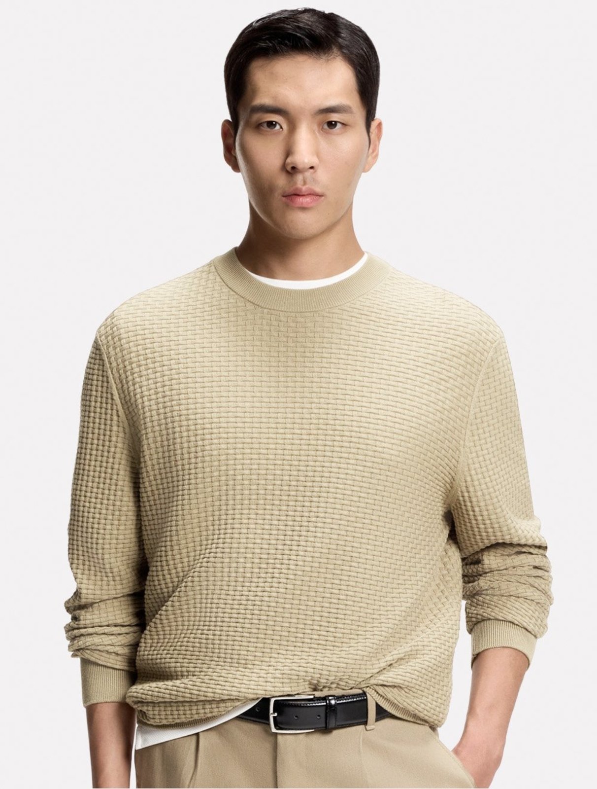 Suéter Hugo Boss Masculino Regular Fit Manga Curta Trico H-Nilton Cáqui Claro