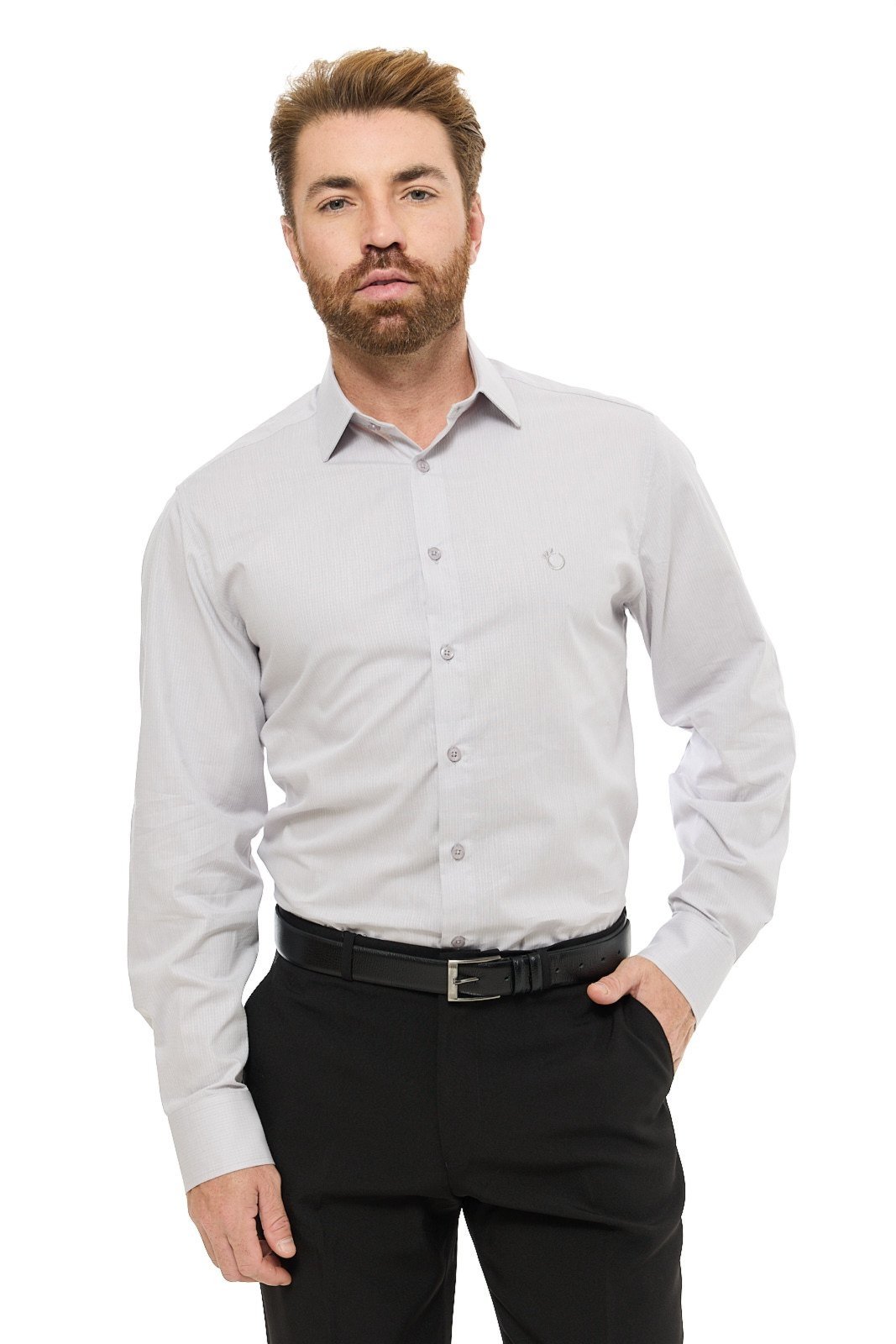 Camisa Social Masculina Slim Olimpo Maquinetada Algodão Fio 50 Manga Longa Cinza
