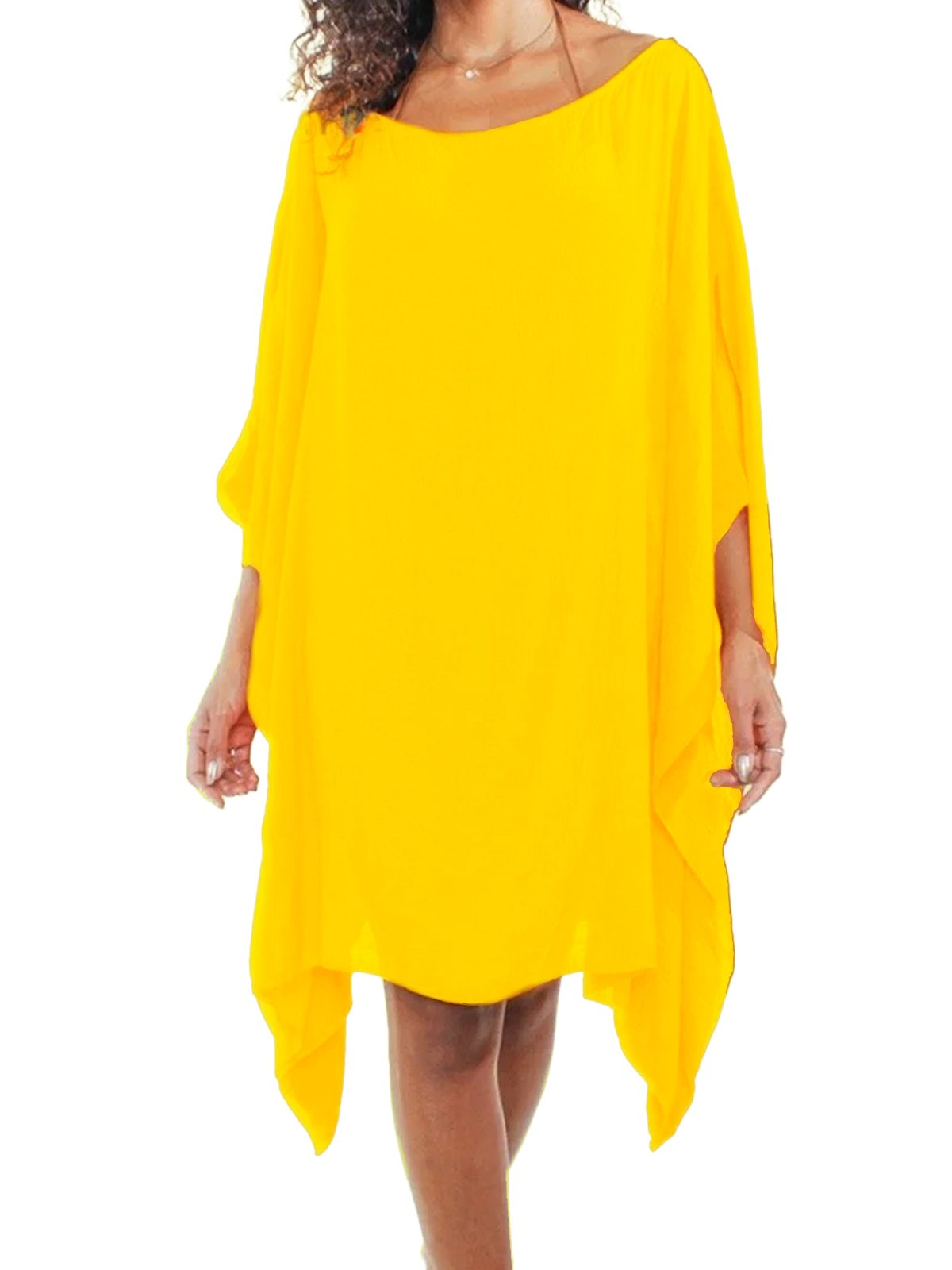 Kaftan Vestido Saída Curto Acetinado Liso Amarelo