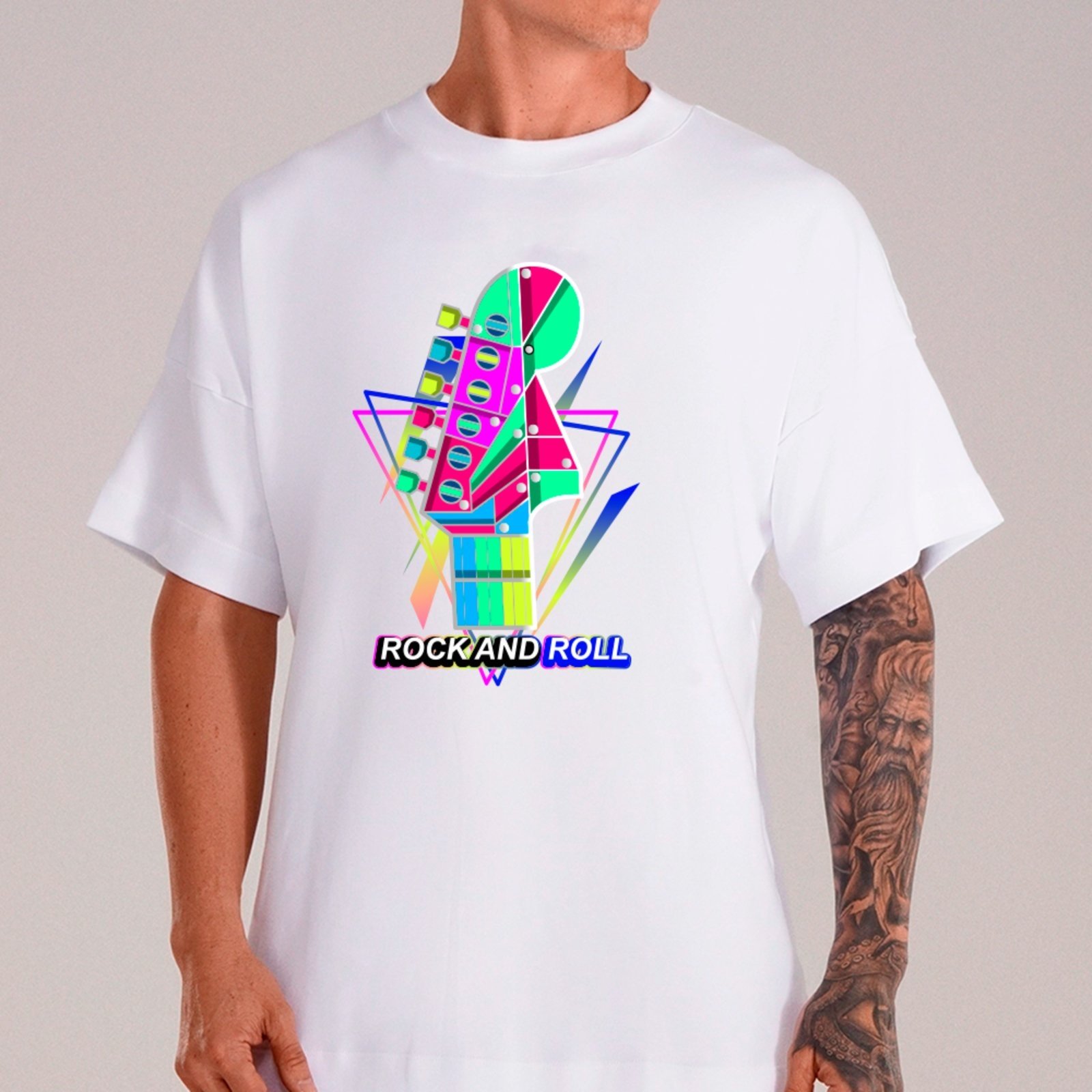 Camiseta Ousy Streetwear Rock and Roll Guitarra Neon Oversized Unissex Branco