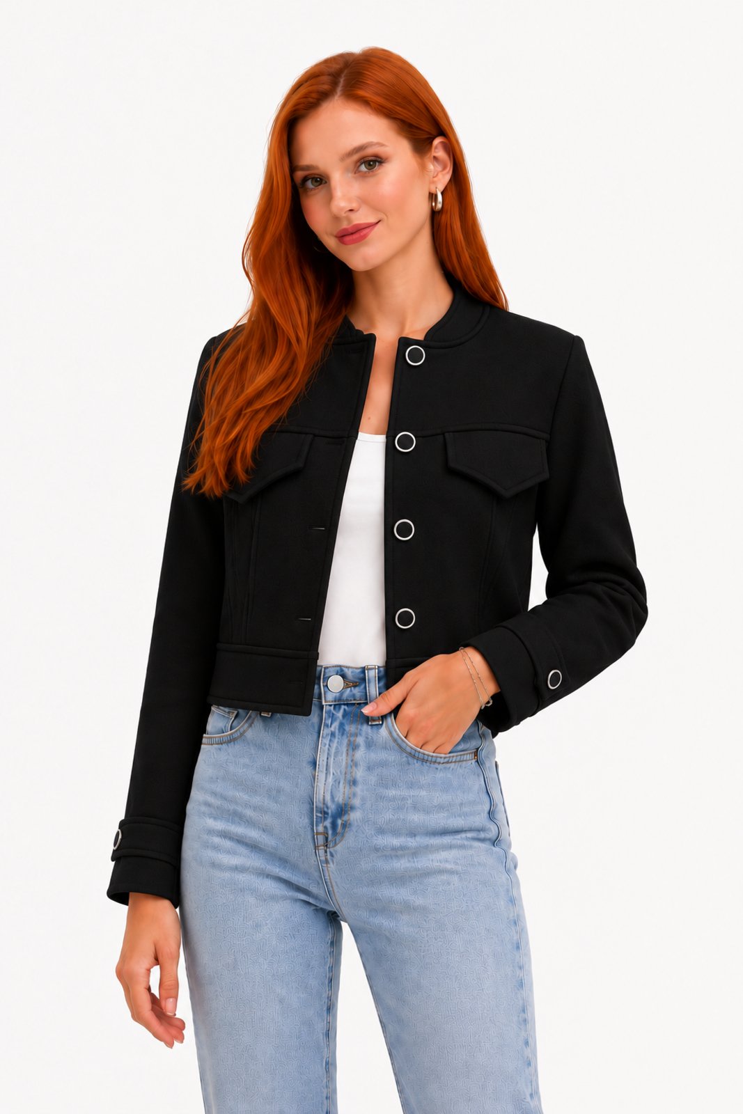 Jaqueta Cropped D Bell Outlet Fashion Lã Batida Preto