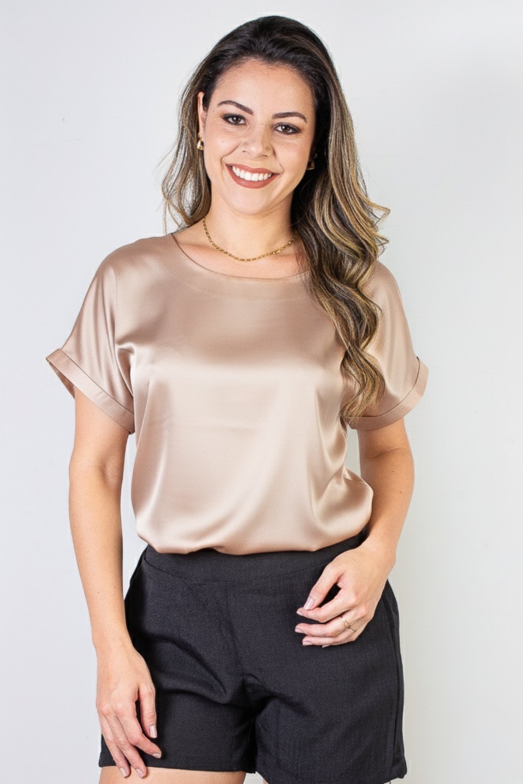Blusa manga curta feminina cetim 71105 – Bege