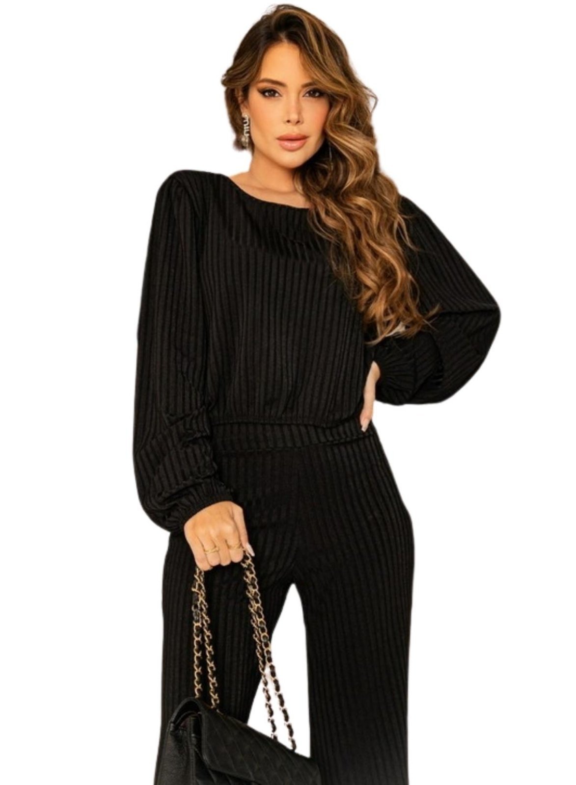 Conjunto Canelado Virginia Calça e Cropped Manga Longa Preto