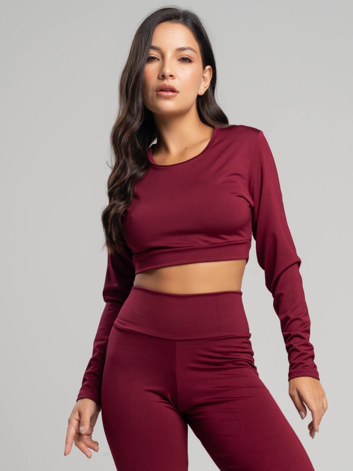Top Cropped Manga Longa Suplex Vicbela Roupa de Academia Moda Fitness Treino Vinho