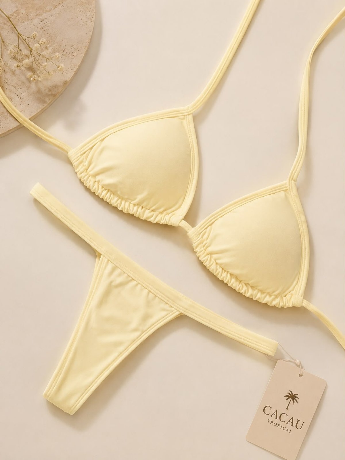 Biquíni Feminino Premium Cacau Tropical com Top Cortininha e Calcinha Modelo Fita Moda Praia Verão Amarelo Manteiga