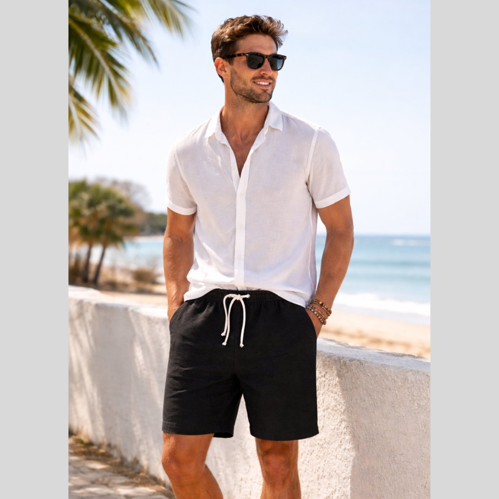 Infantil - Bermuda Shorts Masculina De Linho E Cordão Mauricinho Leve Preto