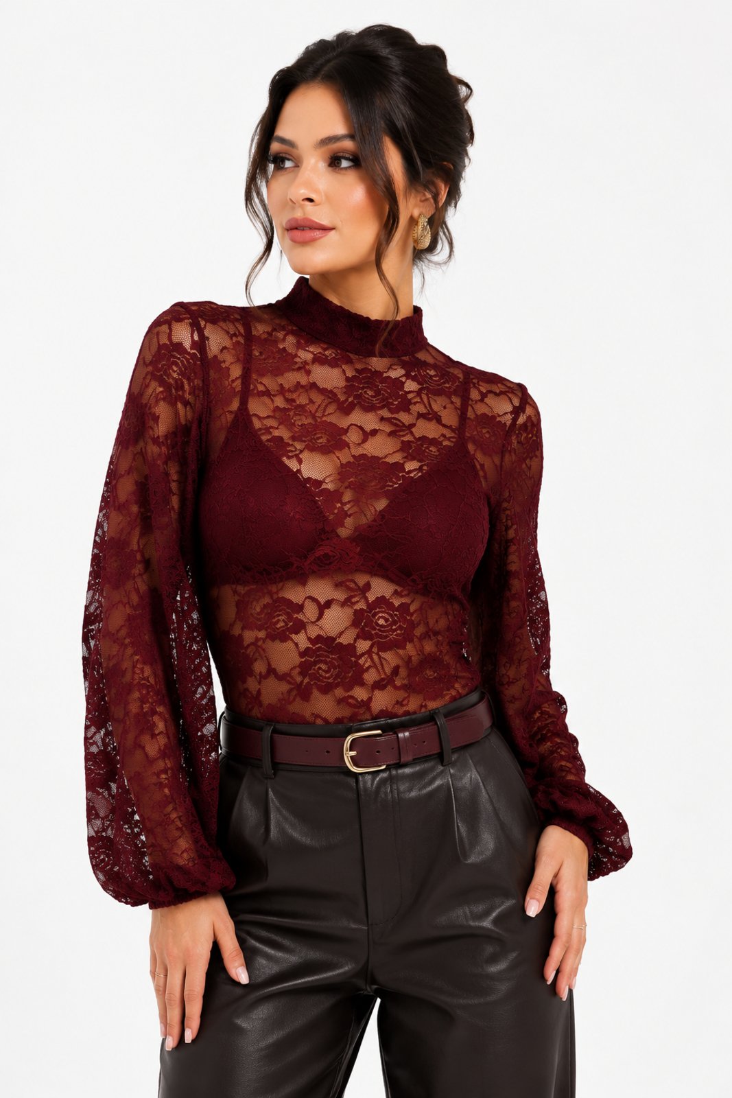 Body D Bell Outlet Fashion Tule Com Renda Marsala