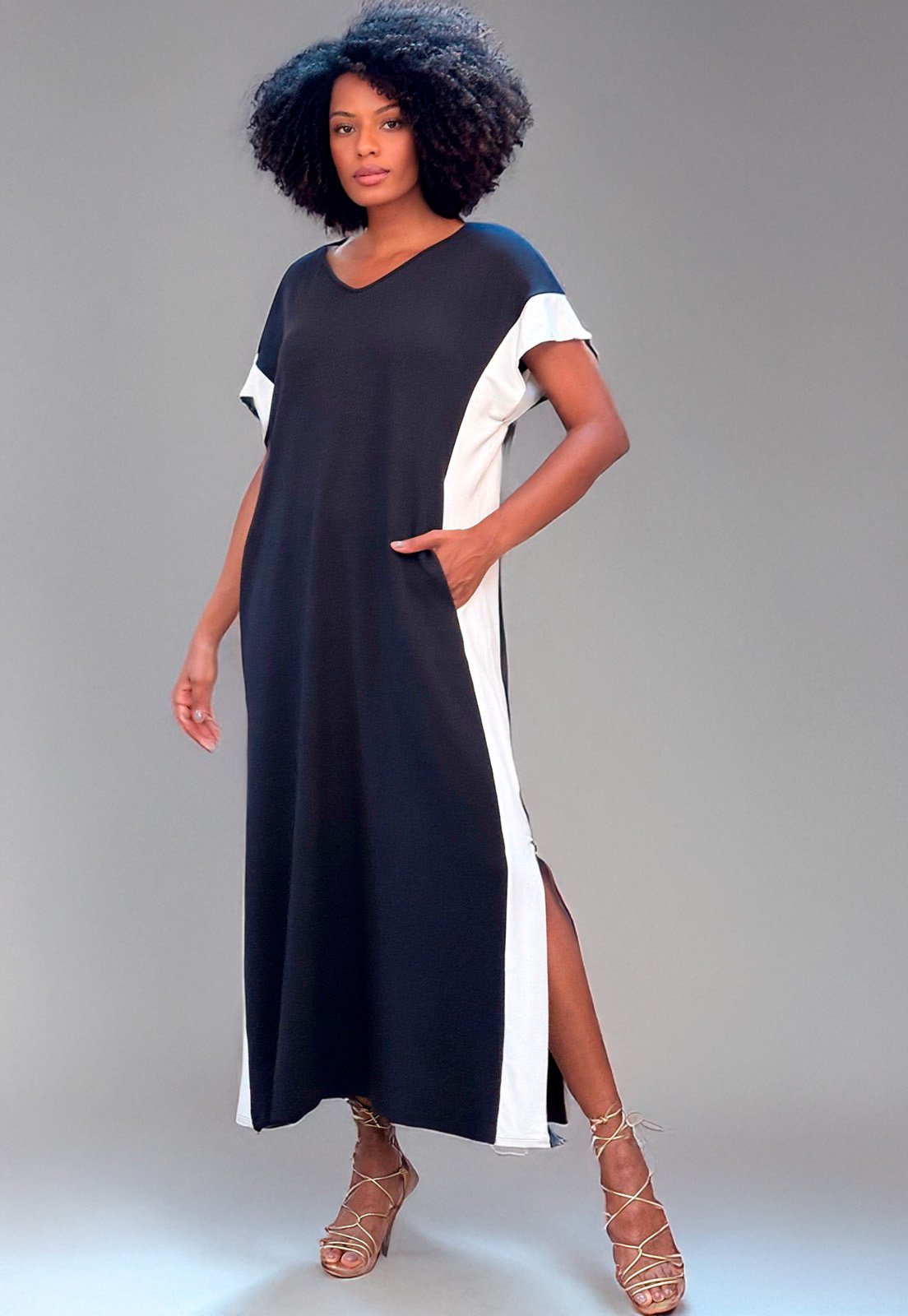 Vestido Amazonia Vital Bicolor Nheengatu Malha Preto e Branco