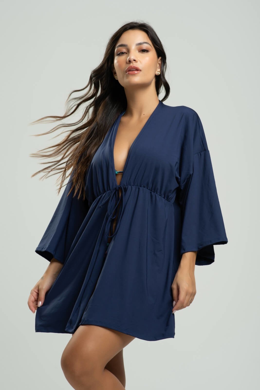 Vista 3 Saída de Praia Kimono Manga Longa Feminino Vicbela Marinho azul/azul marinho azul Vicbela azul/azul marinho azul